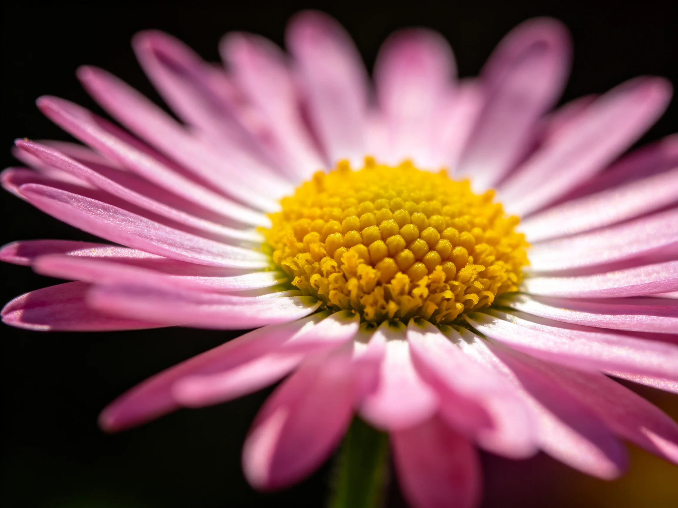 A close - up of a pink daisy with a vibrant yellow central disc
