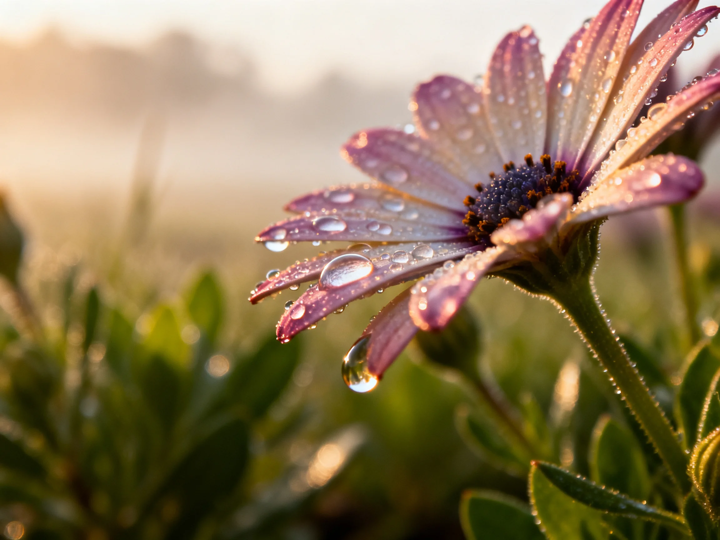 A close - up of a pink daisy with dew drops on petals