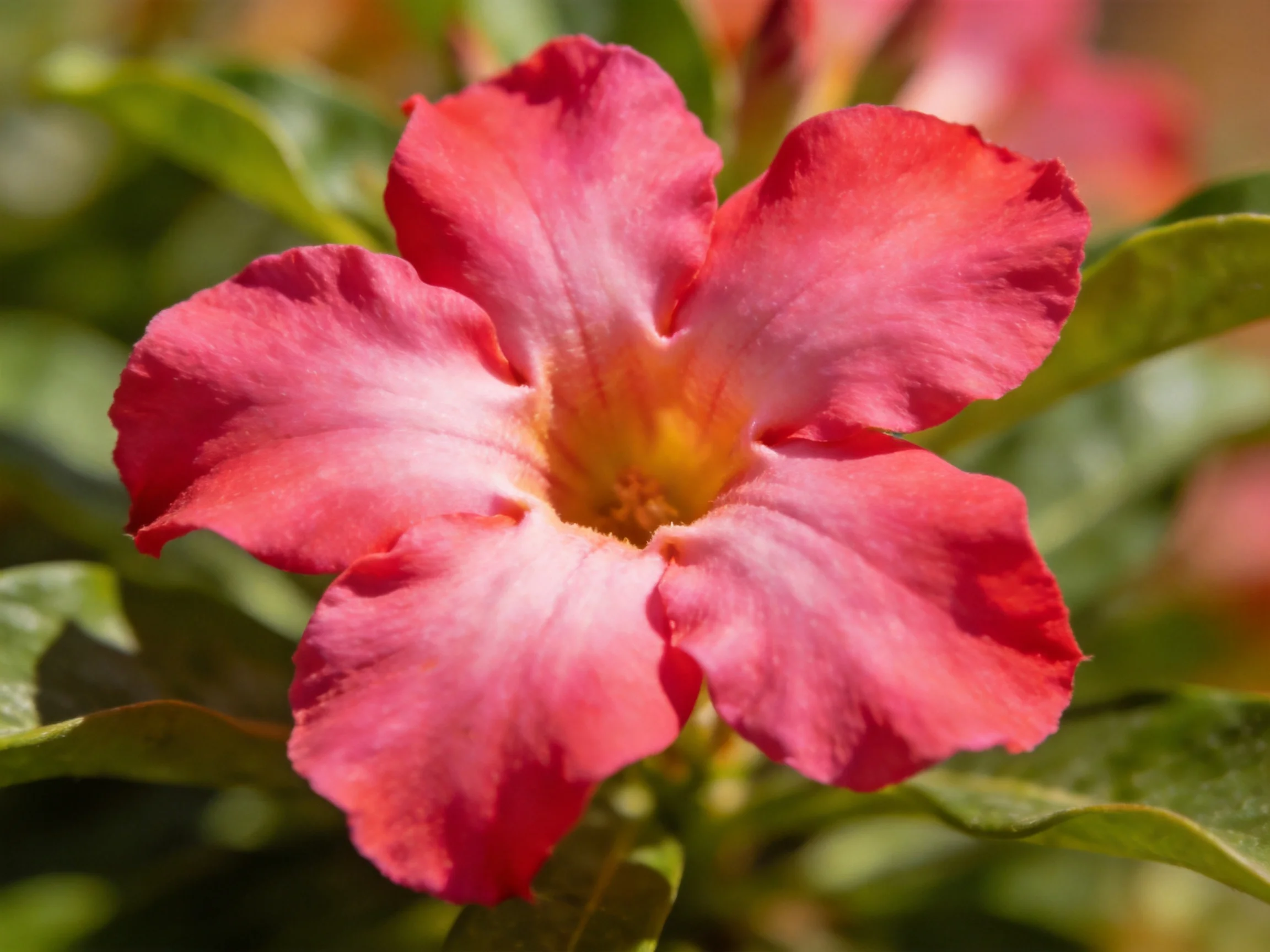A close - up of a pink desert rose with yellow center and green foliage