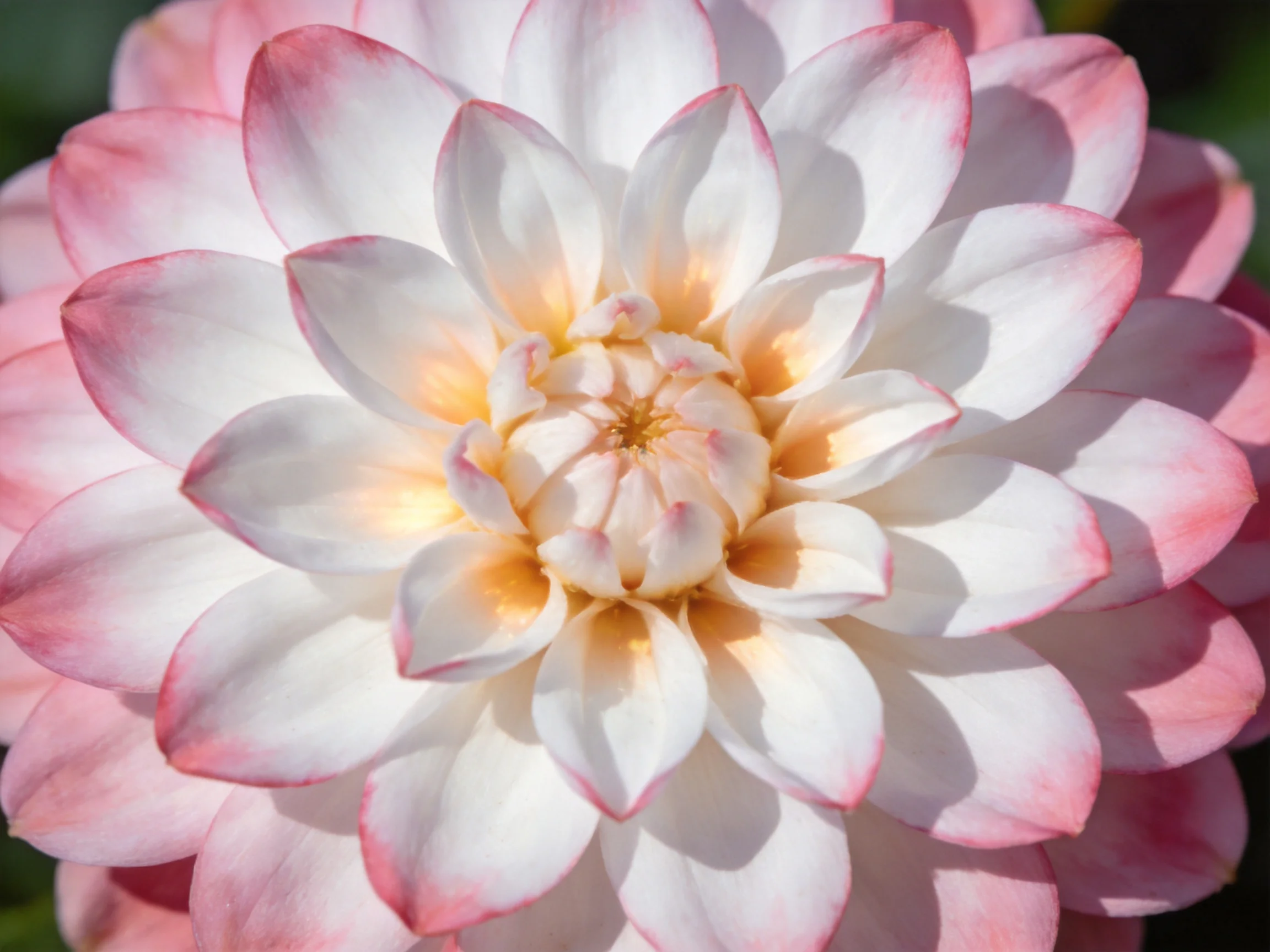 Close - up of a pink - edged white dahlia with layered petals.
