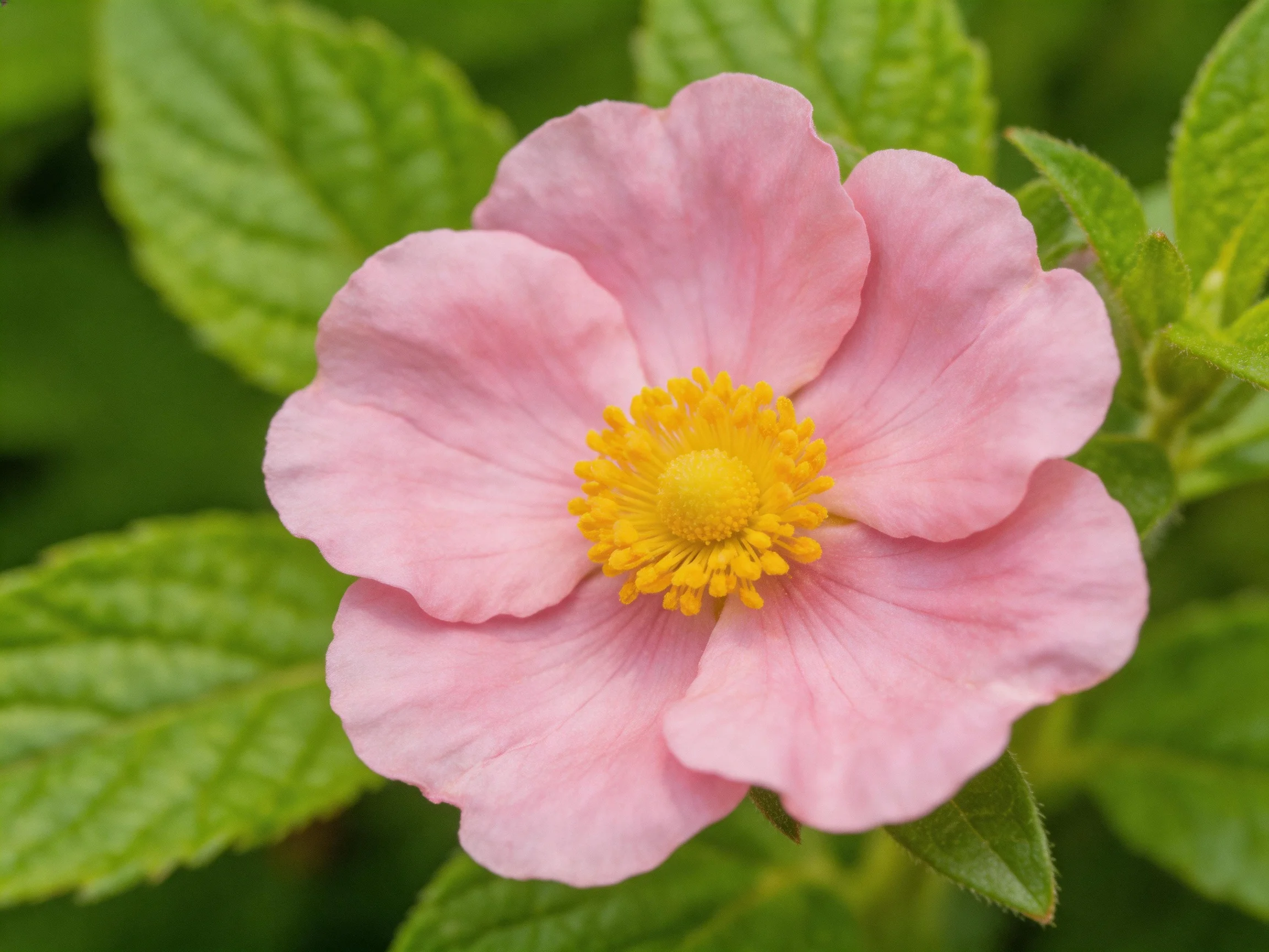 A close - up of a pink flower with a yellow center and green foliage