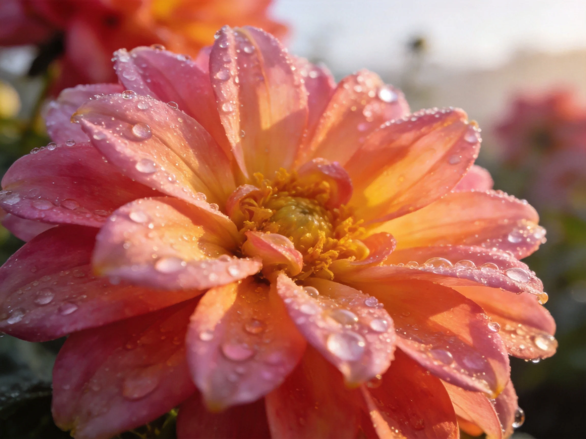 A pink - orange dahlia with dewdrops is shown up close in a garden.