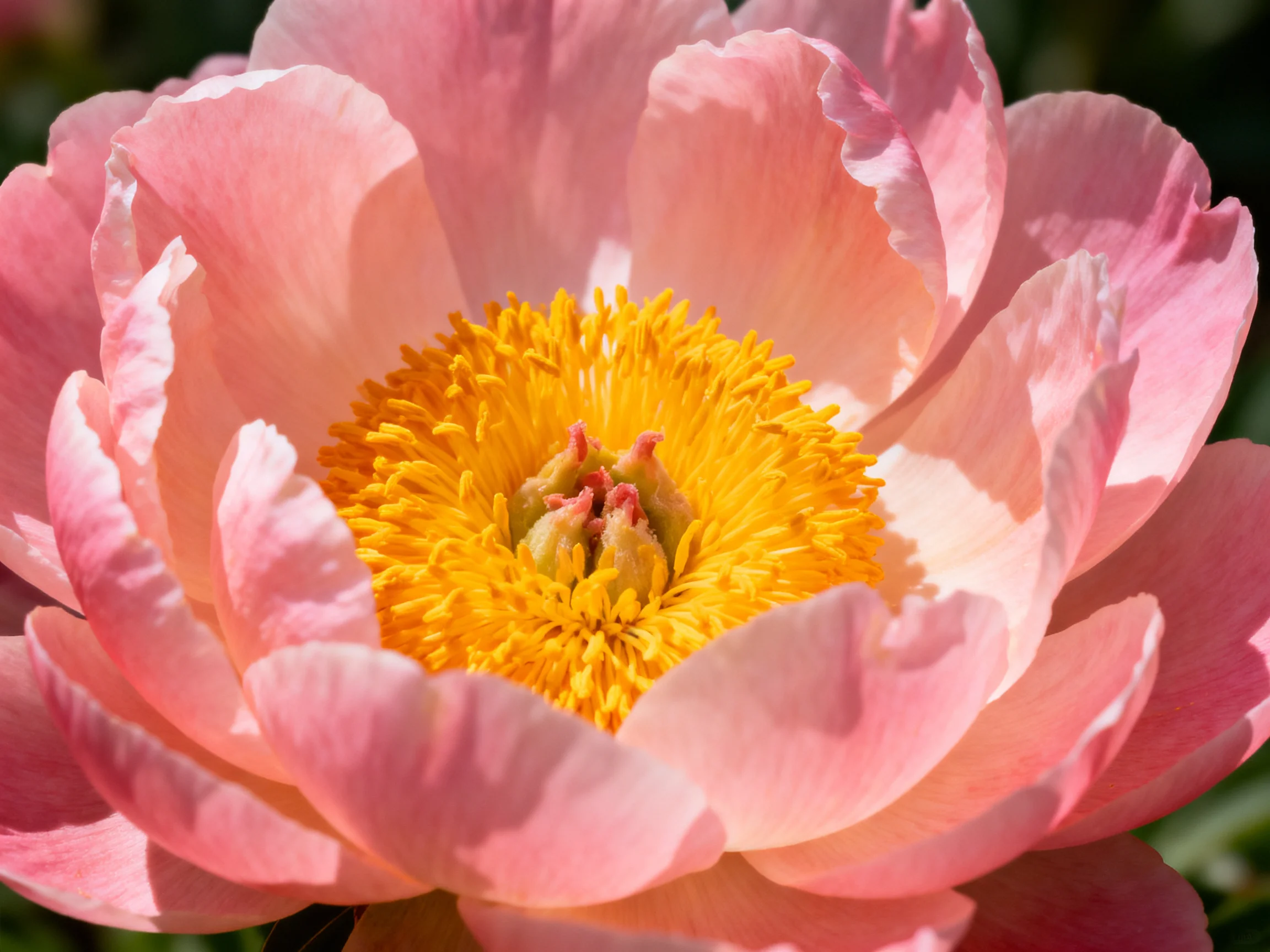 A close - up of a pink peony with a bright yellow center
