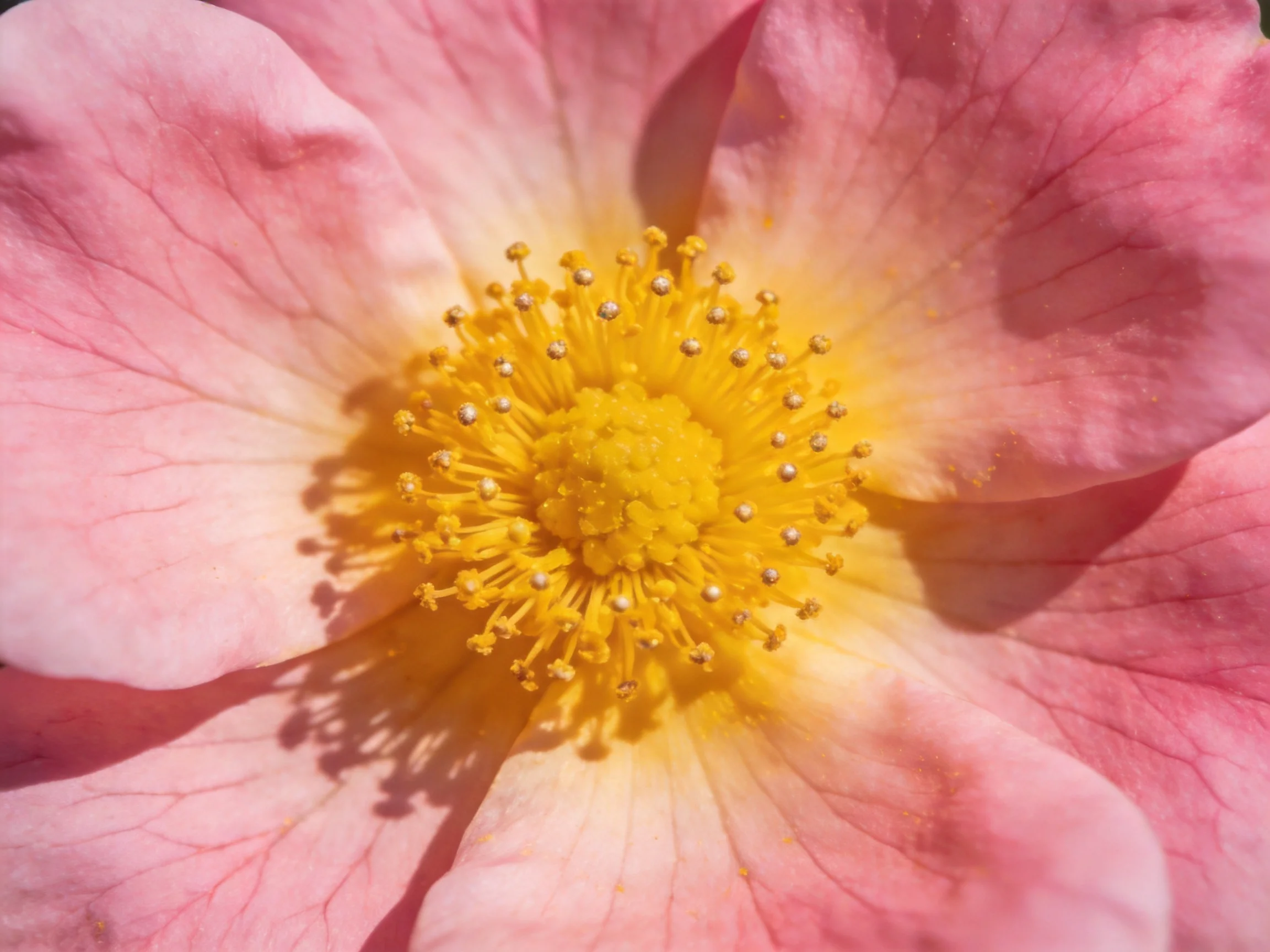 A close-up of a pink rose with vibrant yellow stamens