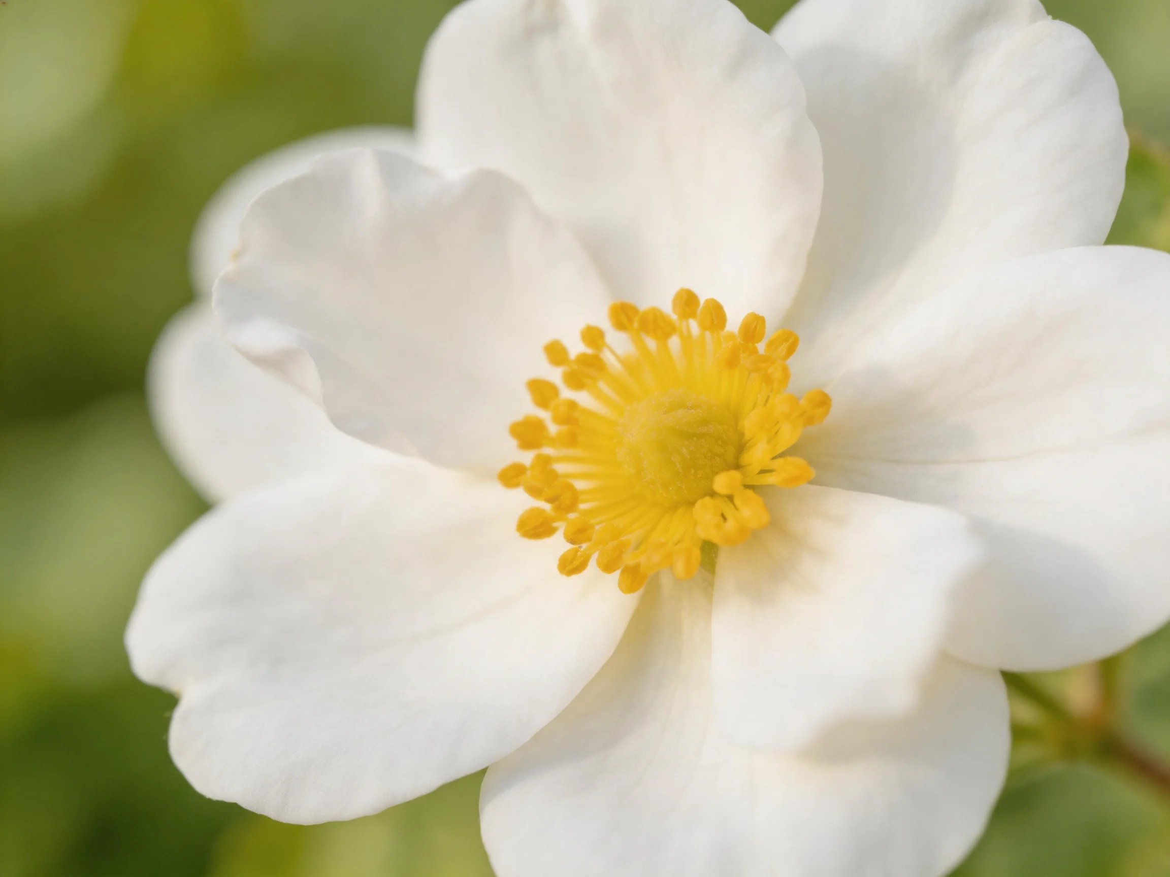 A close-up of a pristine white flower with a vibrant yellow center