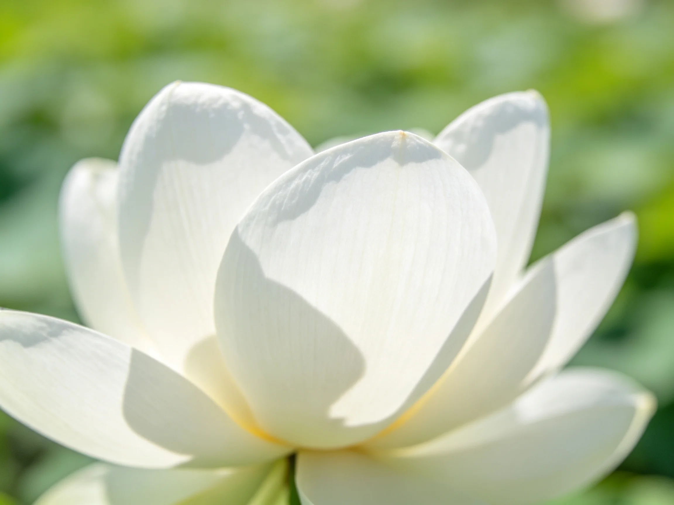 A close - up of a pristine white lotus flower against a blurred green backdrop