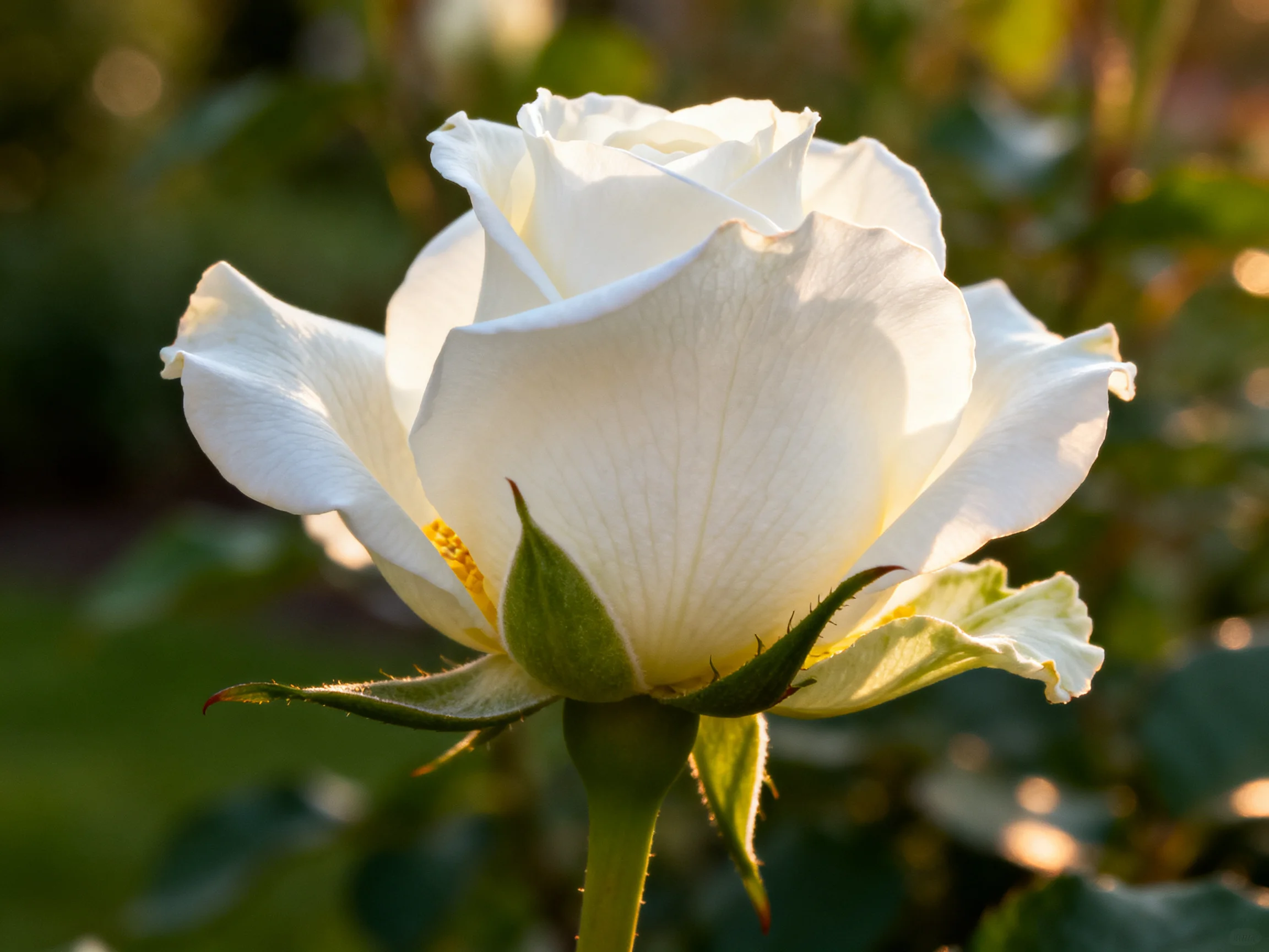 A close - up of a pristine white rose blooming in soft natural light