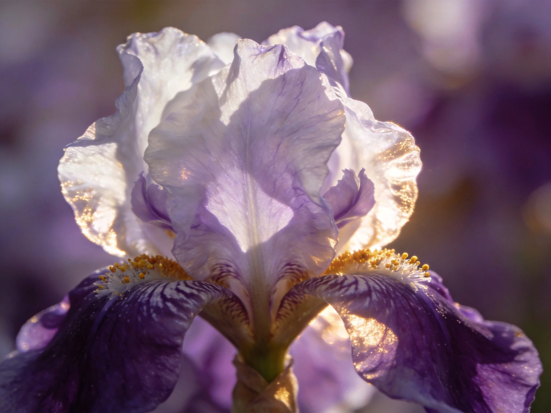 A close - up of a purple and white iris with golden stamens