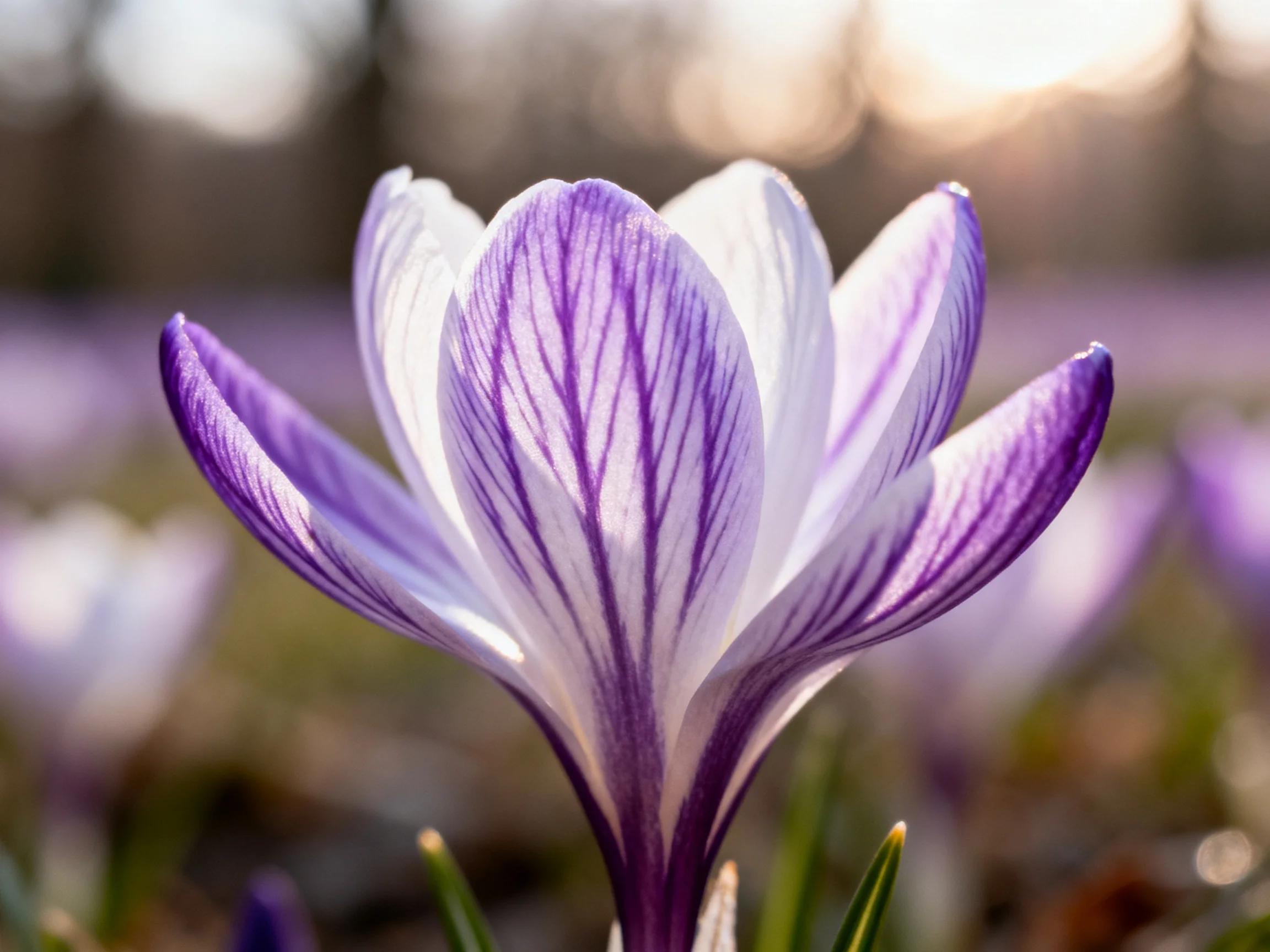 A close - up of a purple and white striped crocus in soft sunlight
