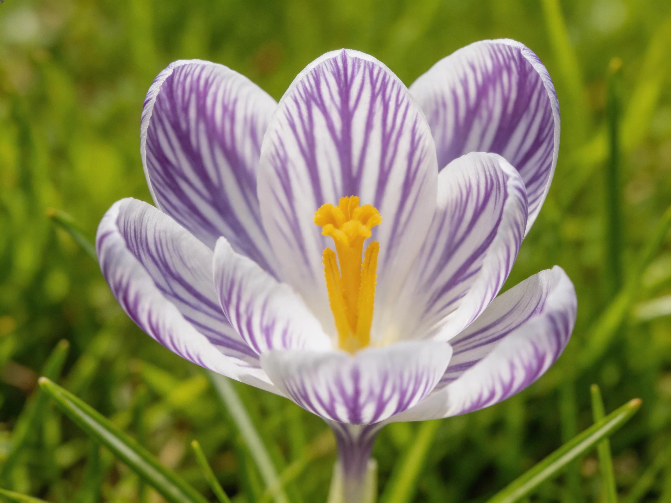 A close - up of a purple and white striped crocus with a yellow center