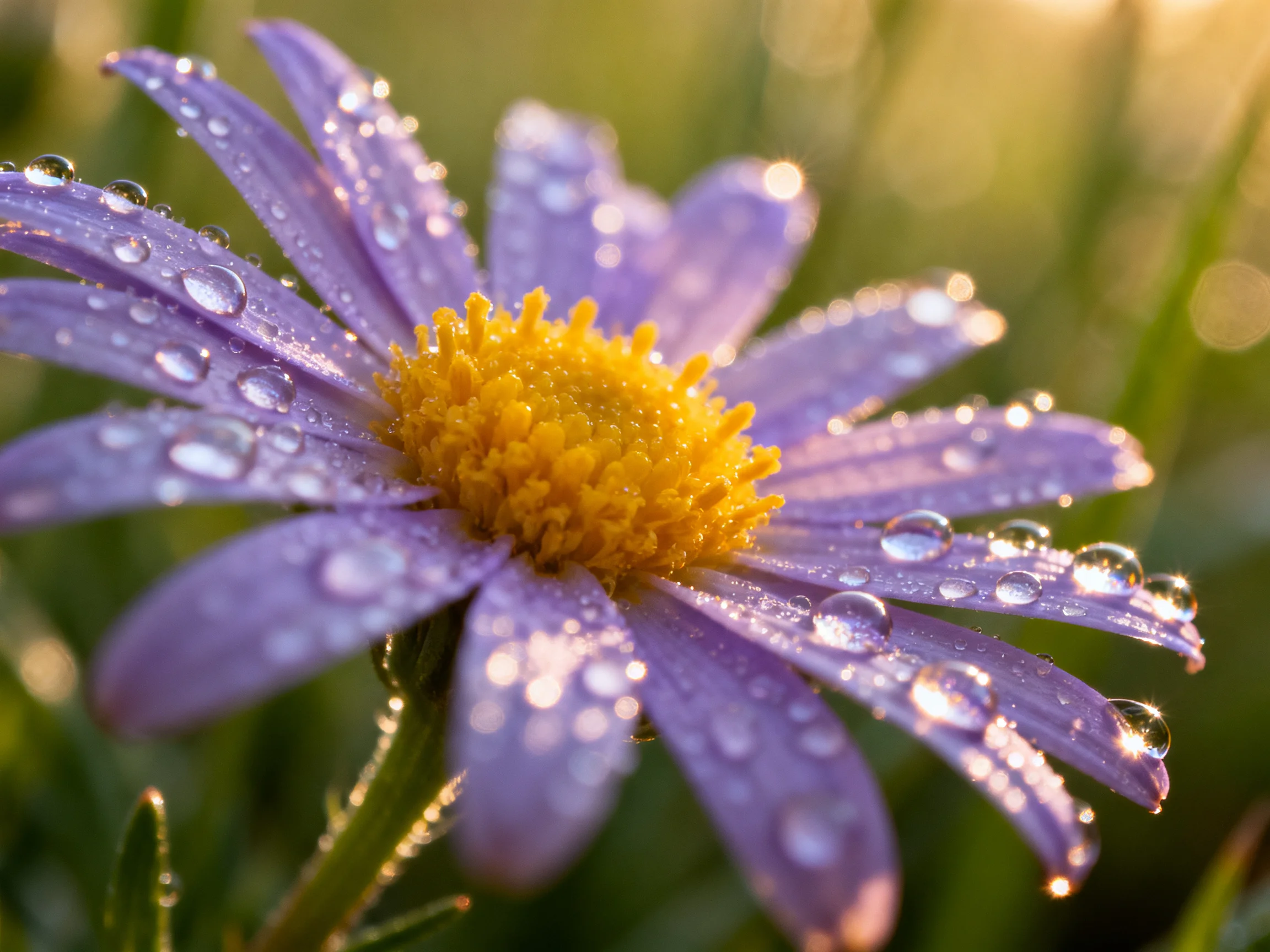 A close - up of a purple aster flower with water droplets and golden center