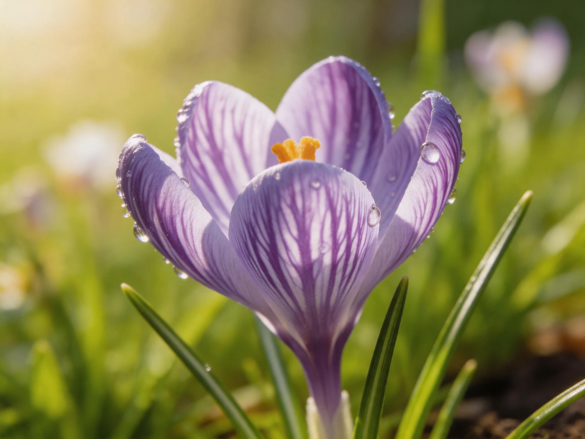 A close - up of a purple crocus with water droplets