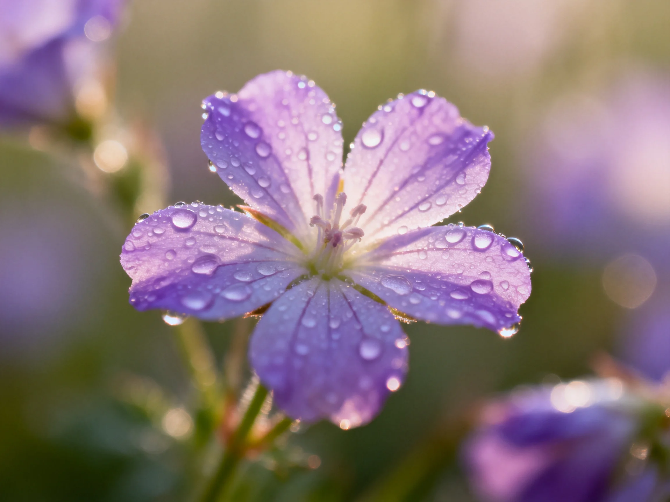 A close - up of a purple flower with glistening water droplets