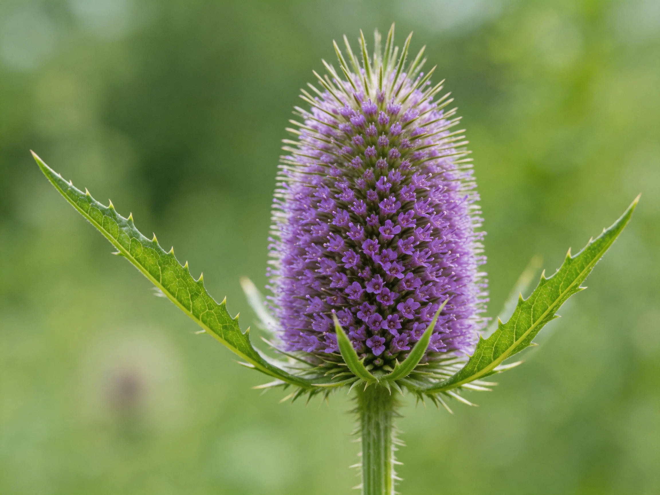 A close - up of a purple teasel with spiky green leaves