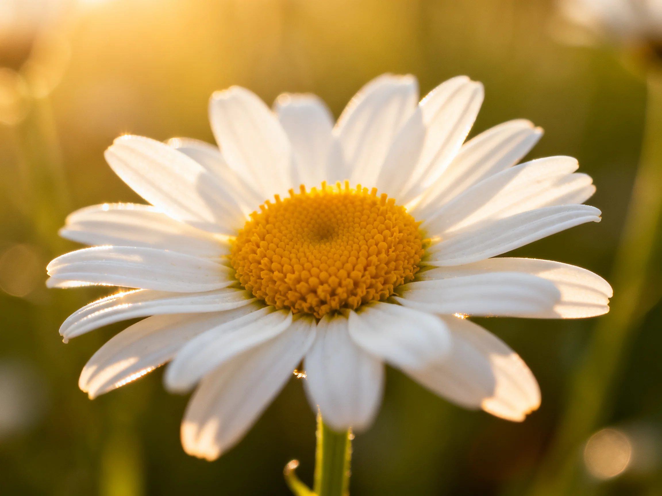 A close - up of a single daisy with white petals and yellow center
