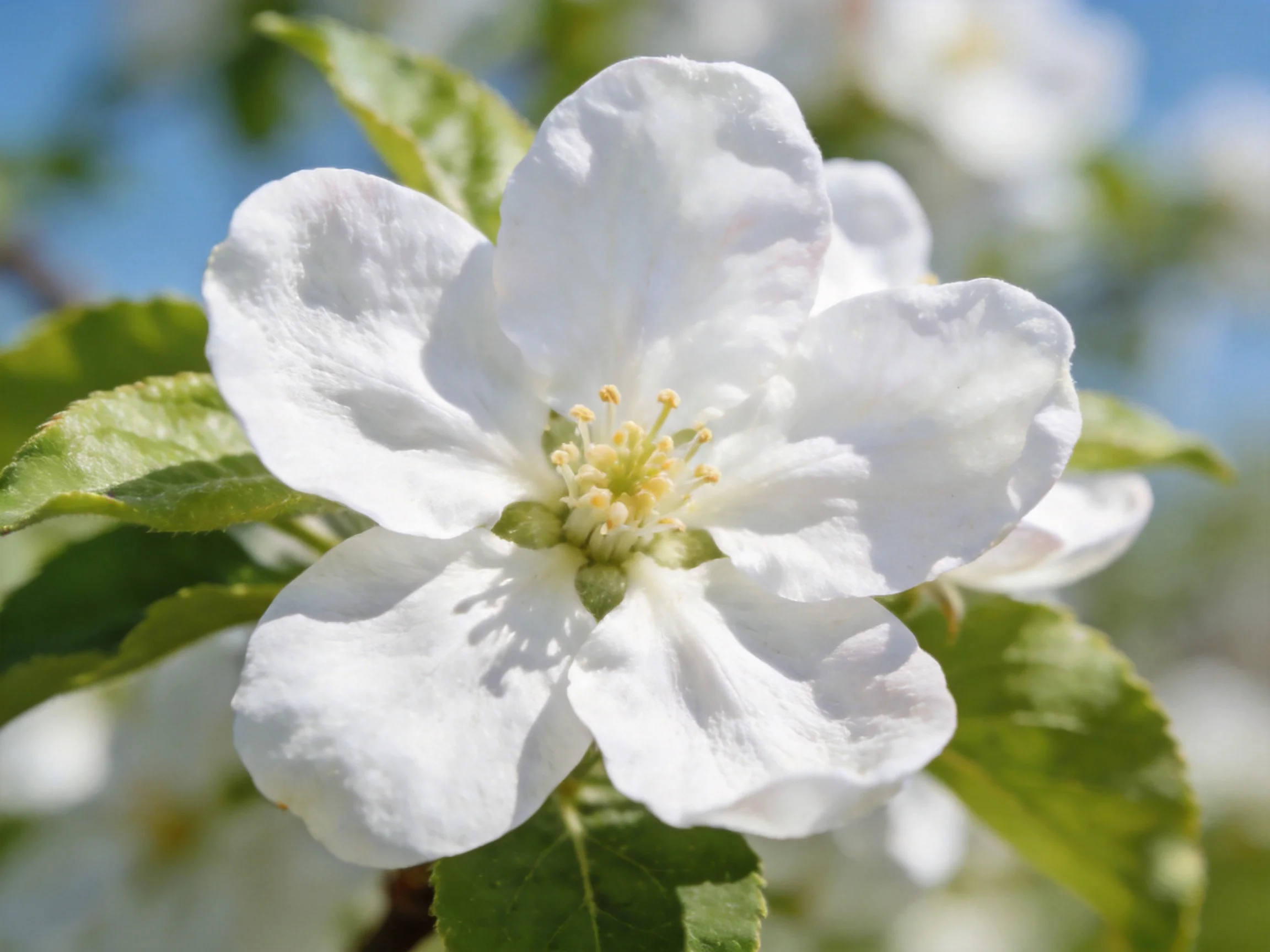 A close - up of a single white apple blossom with green foliage