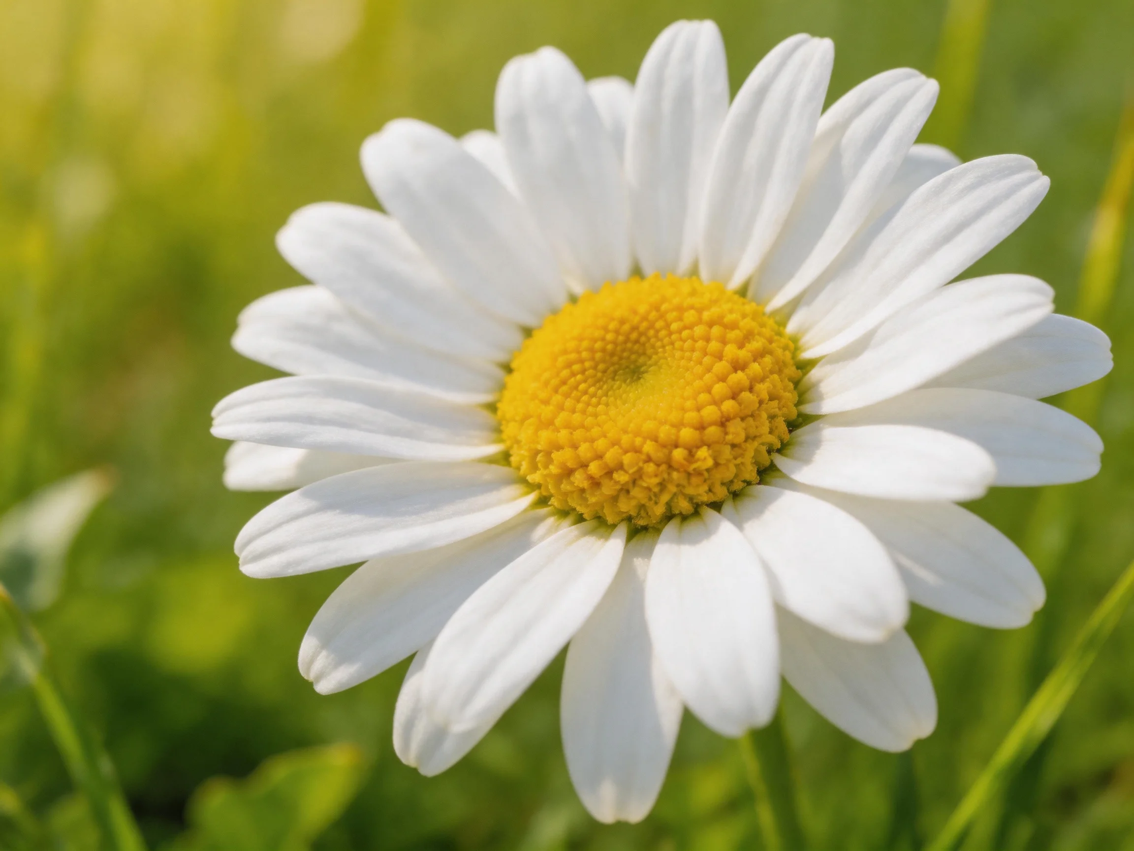 A close-up of a single white daisy with a bright yellow central disc