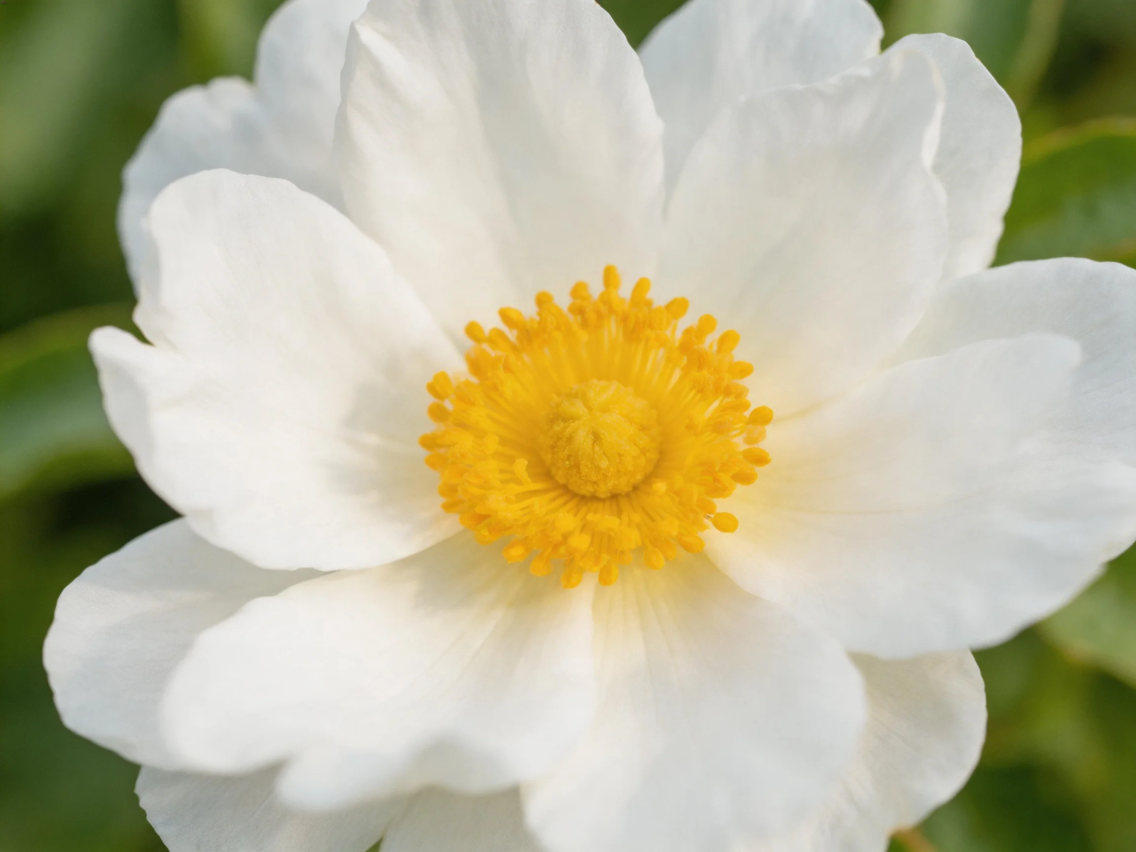 A close-up of a single white flower with a vibrant yellow center
