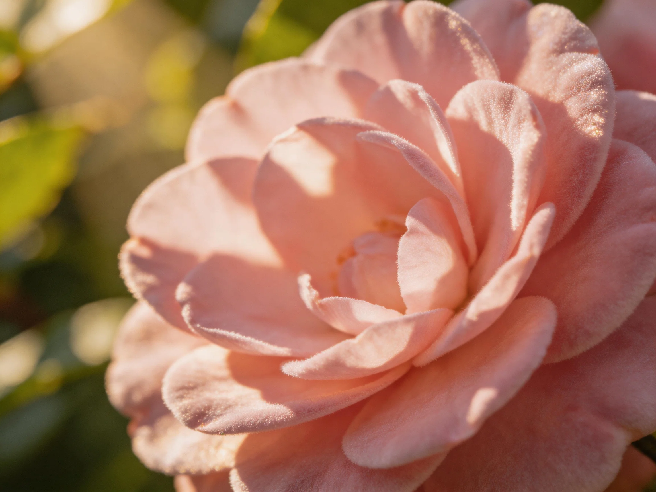 A close - up of a soft pink camellia with layered petals