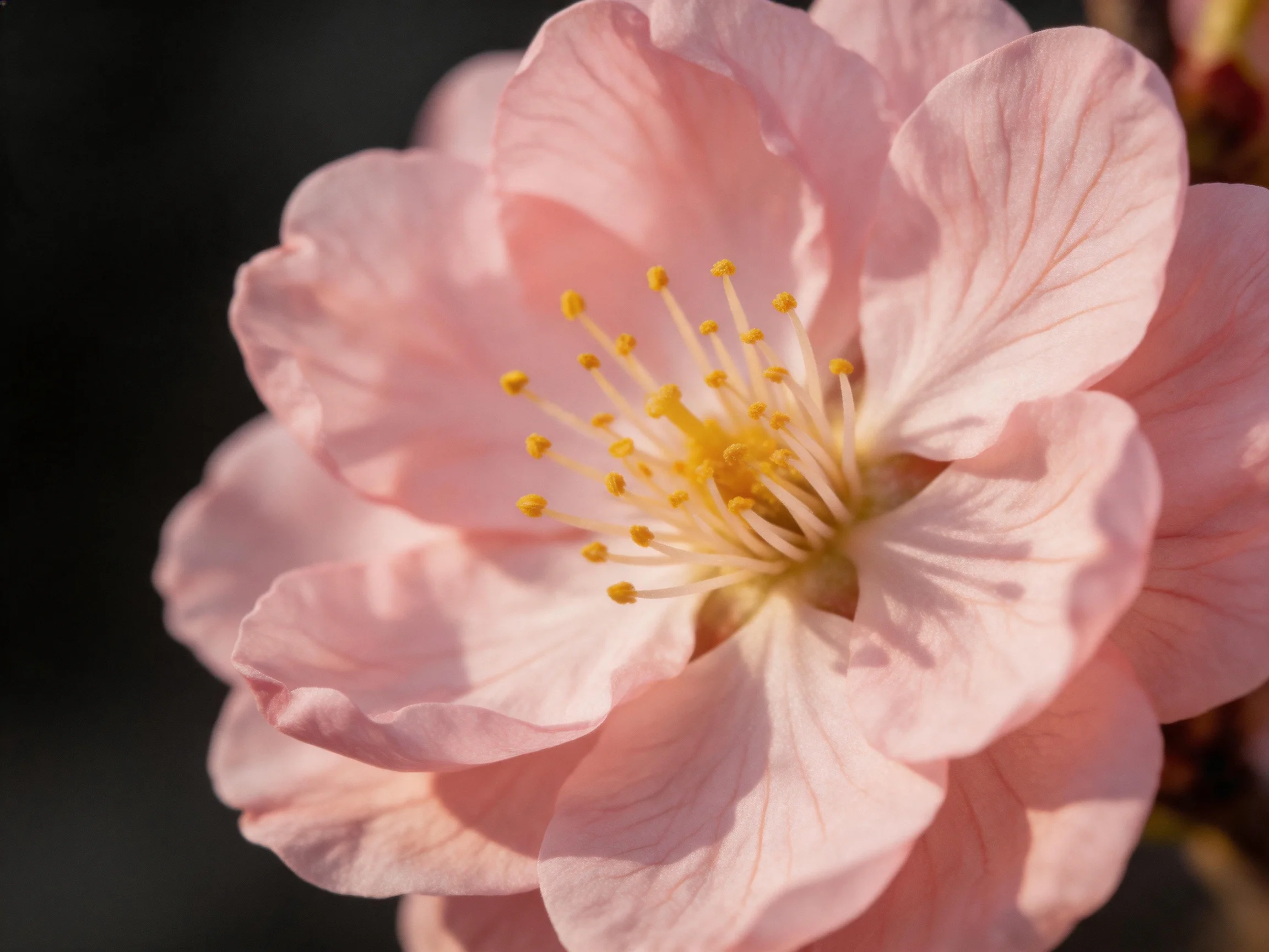 A close - up of a soft pink cherry blossom with golden stamens