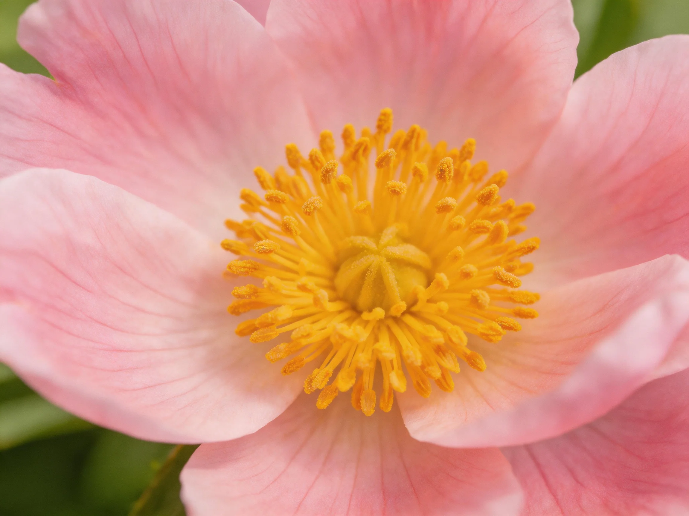 A close - up of a soft pink flower with golden - yellow stamens