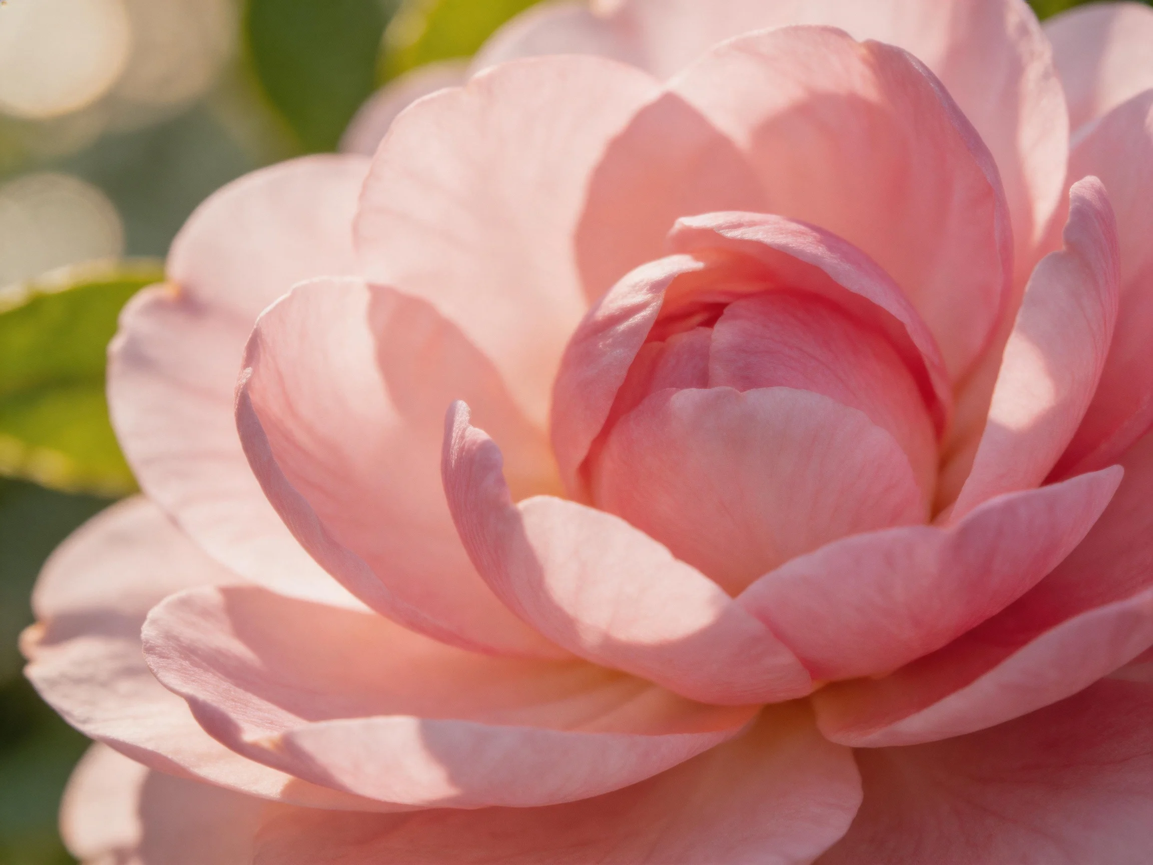 A close - up of a soft pink flower with layered petals
