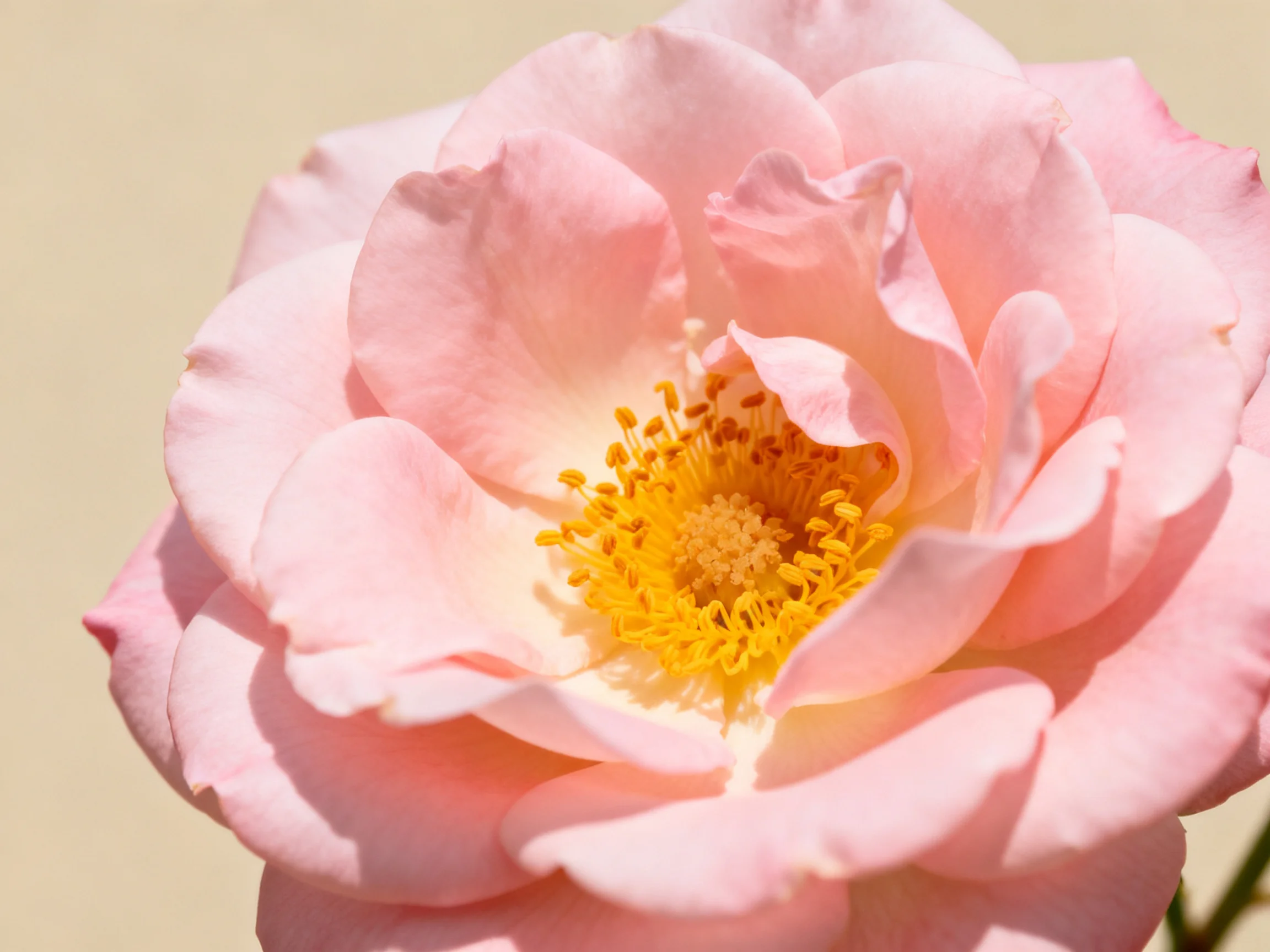 A close - up of a soft pink rose with a bright yellow center