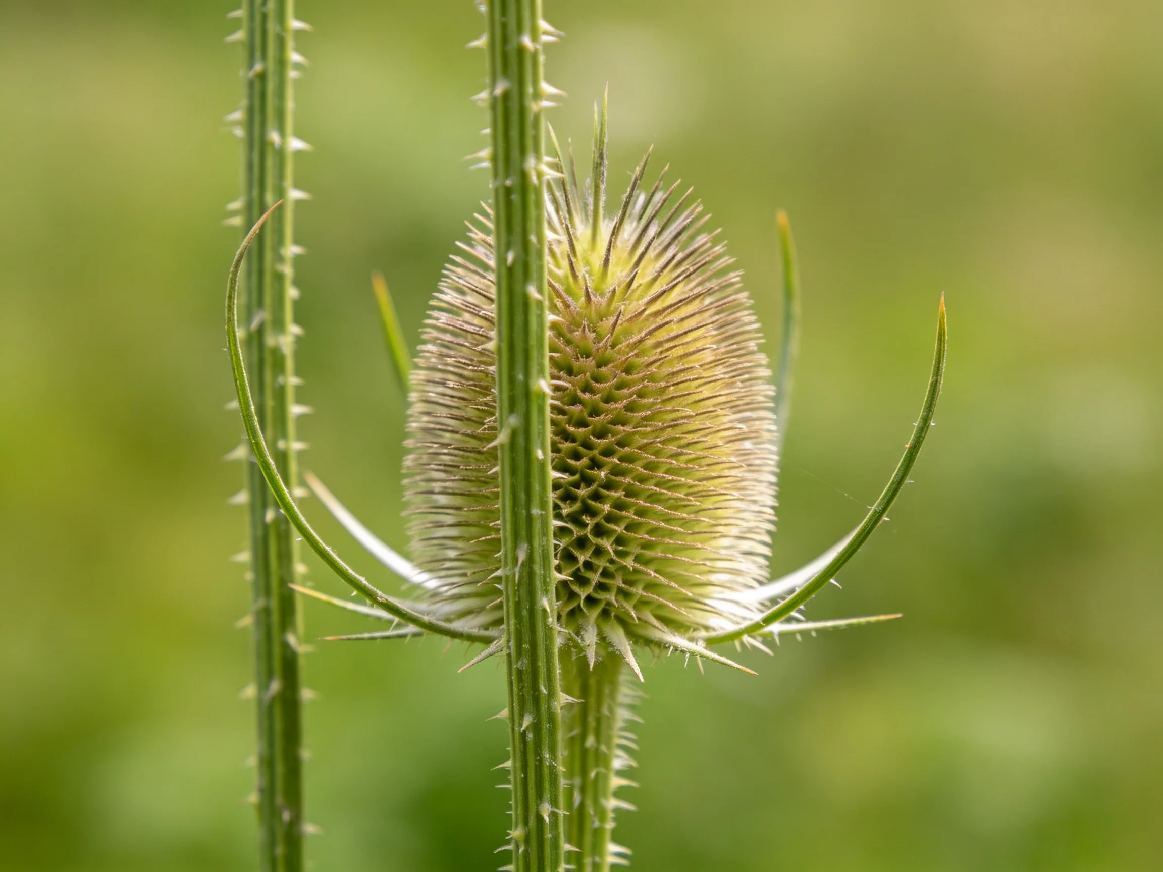 A close-up of a spiky green teasel bud with slender thorny stems