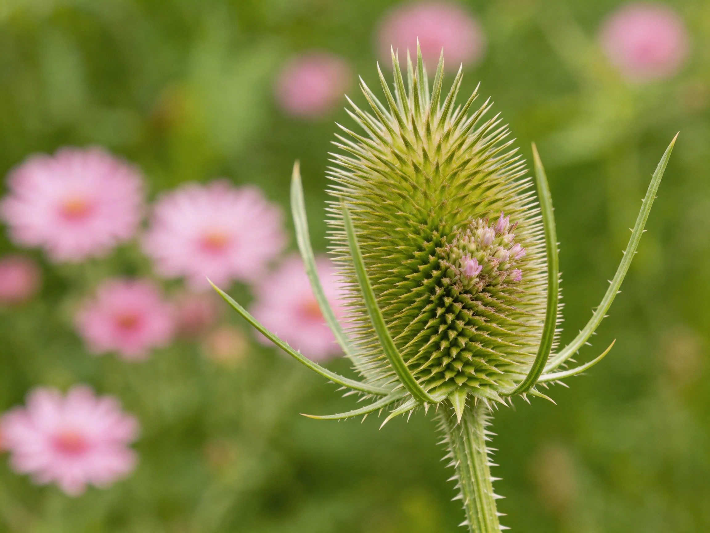 A close - up of a spiky green thistle bud with pink flowers in the background