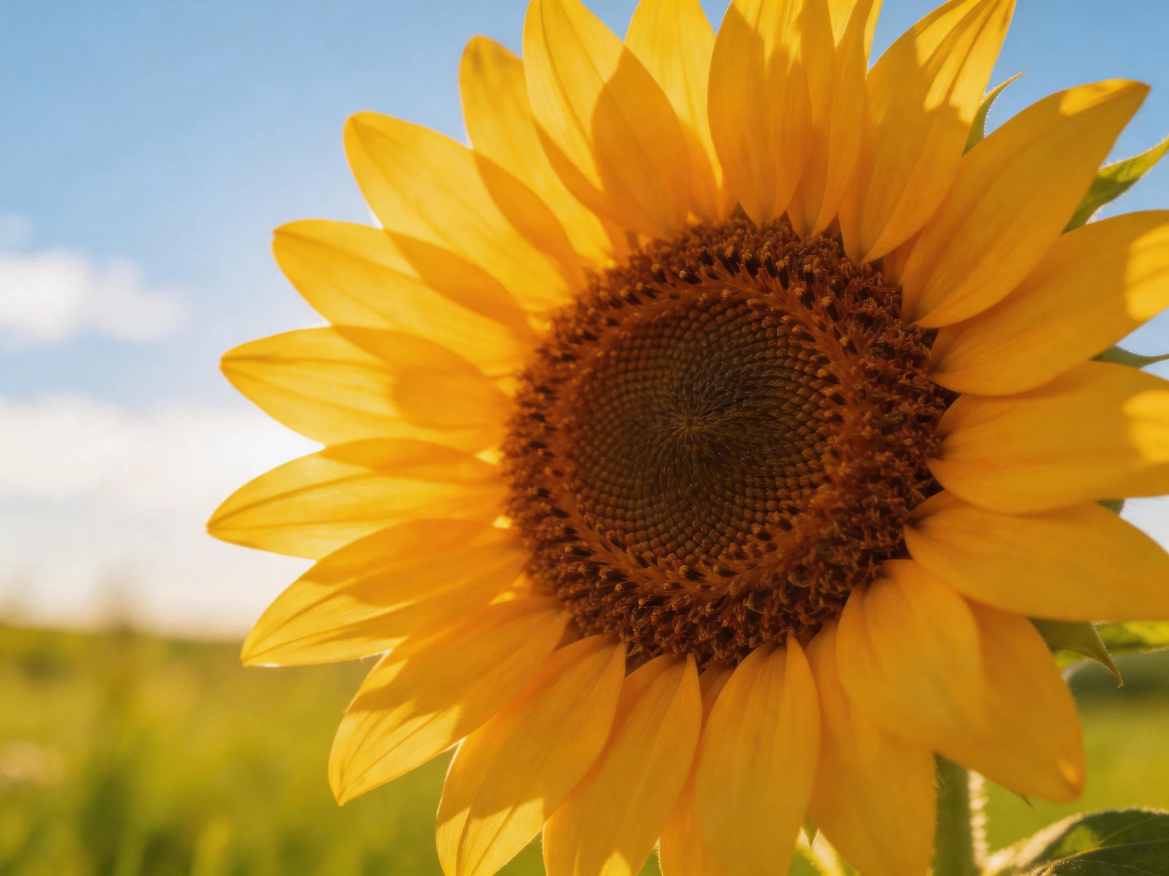 A close - up of a sunflower with bright yellow petals under a clear blue sky