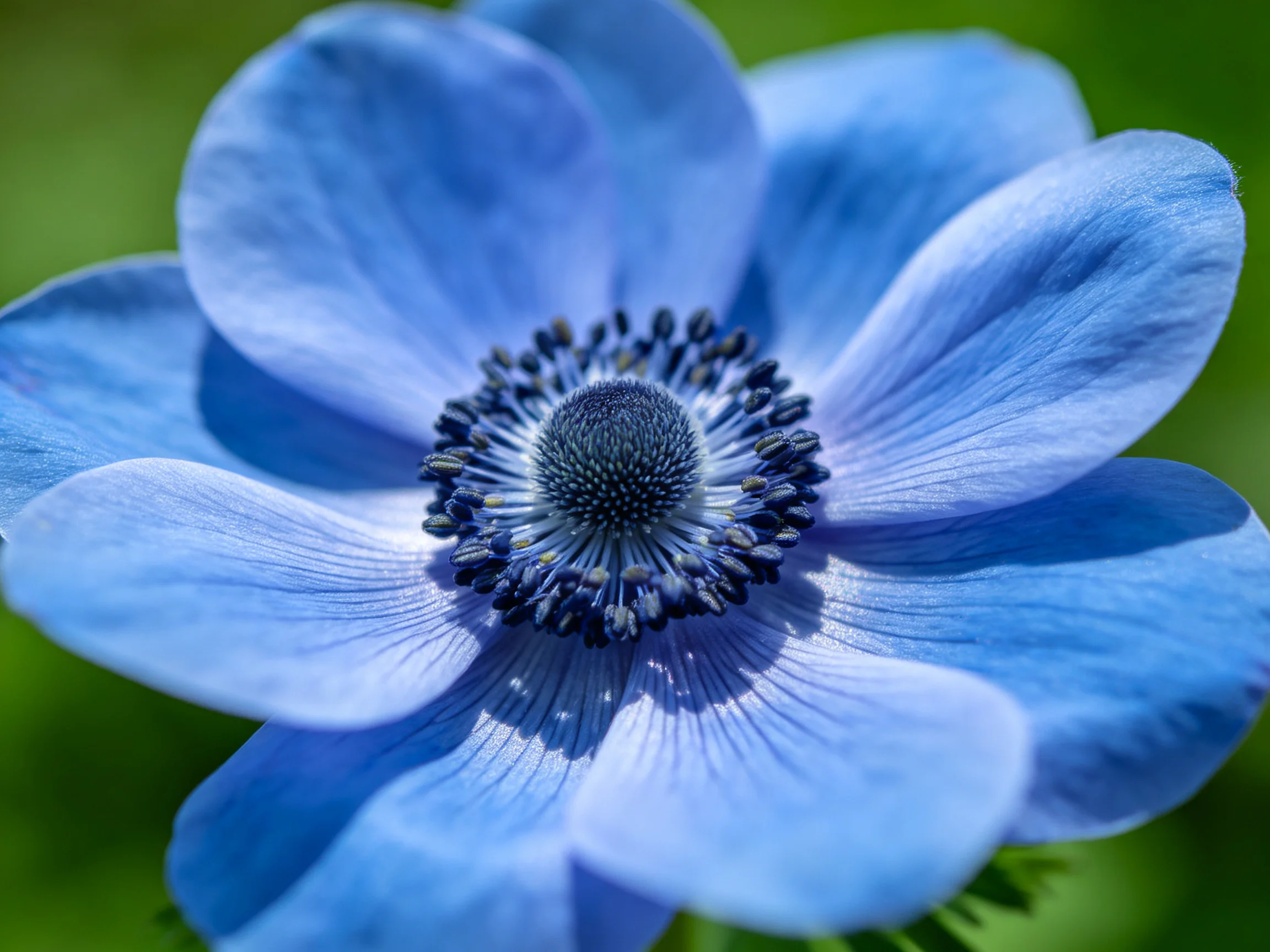A close - up of a vibrant blue anemone with layered petals