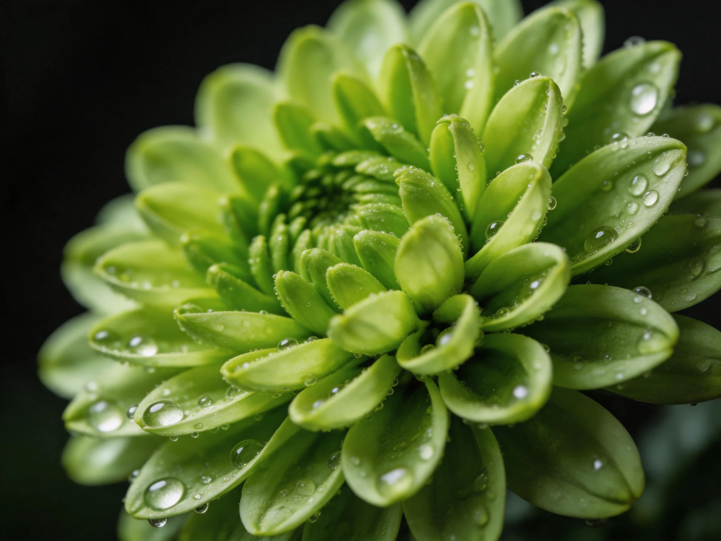 A close-up of a vibrant green chrysanthemum with glistening dewdrops