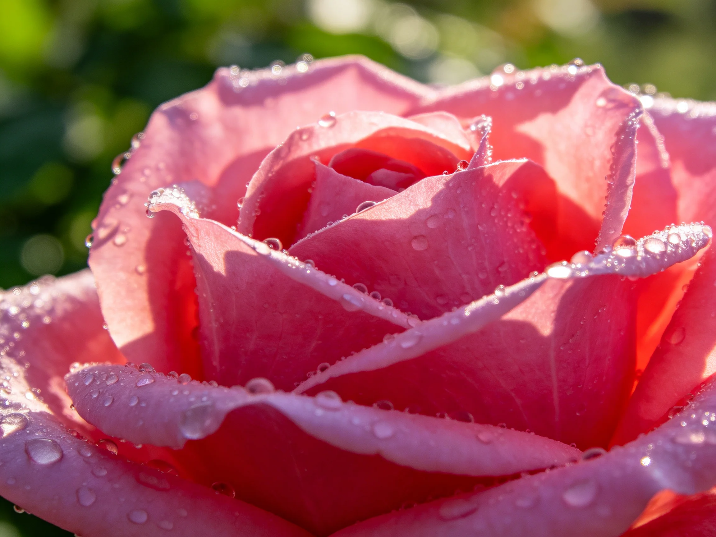 A close - up of a vibrant pink rose with glistening dewdrops