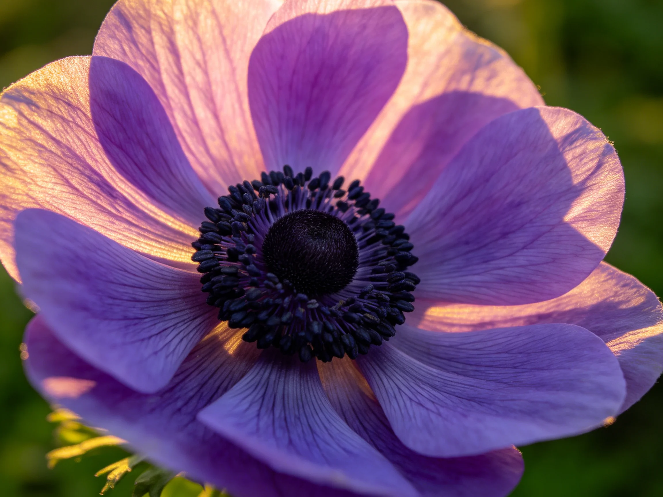 A close - up of a vibrant purple anemone with golden petal highlights