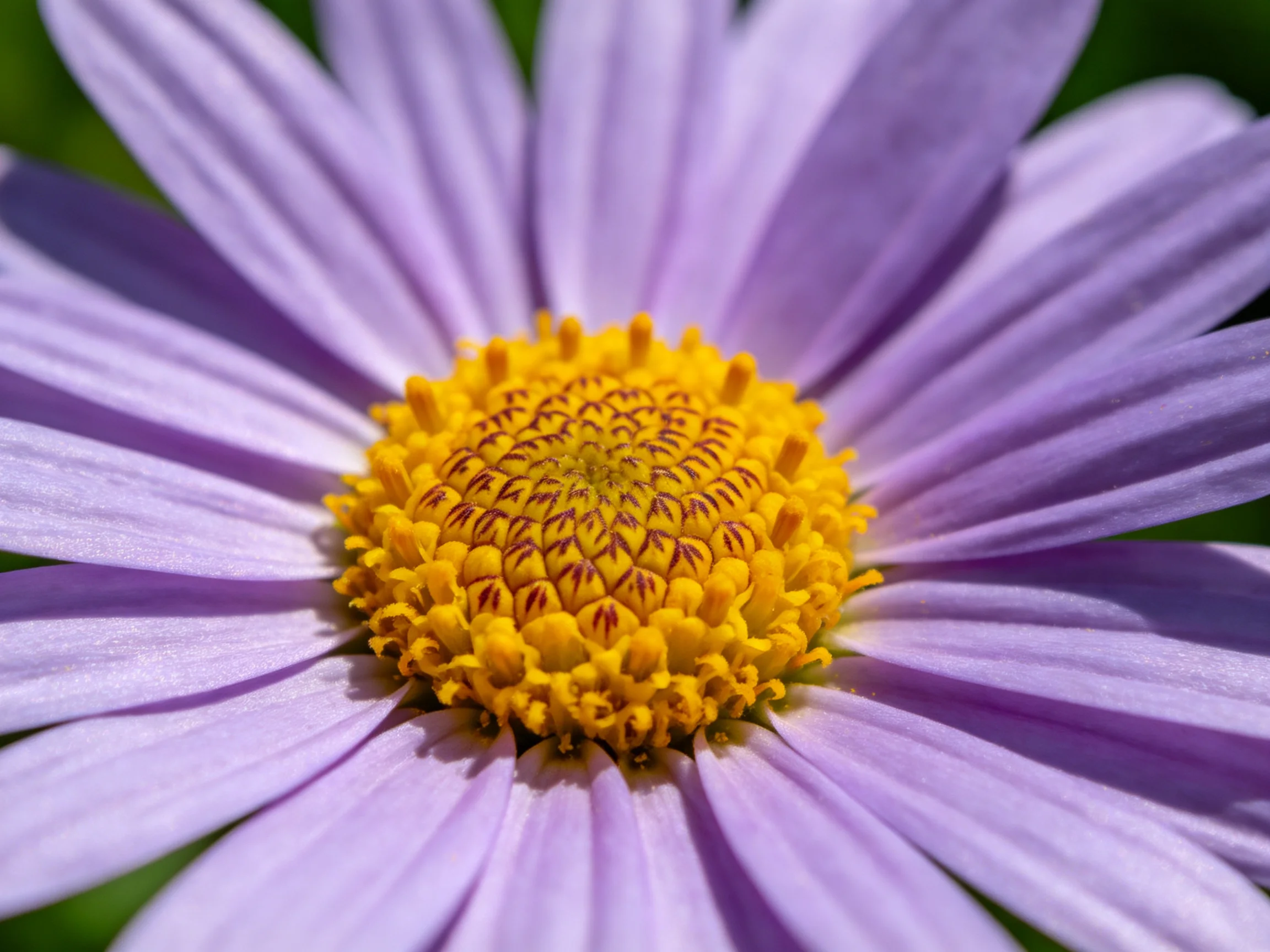 A close-up of a vibrant purple daisy with a golden-yellow center