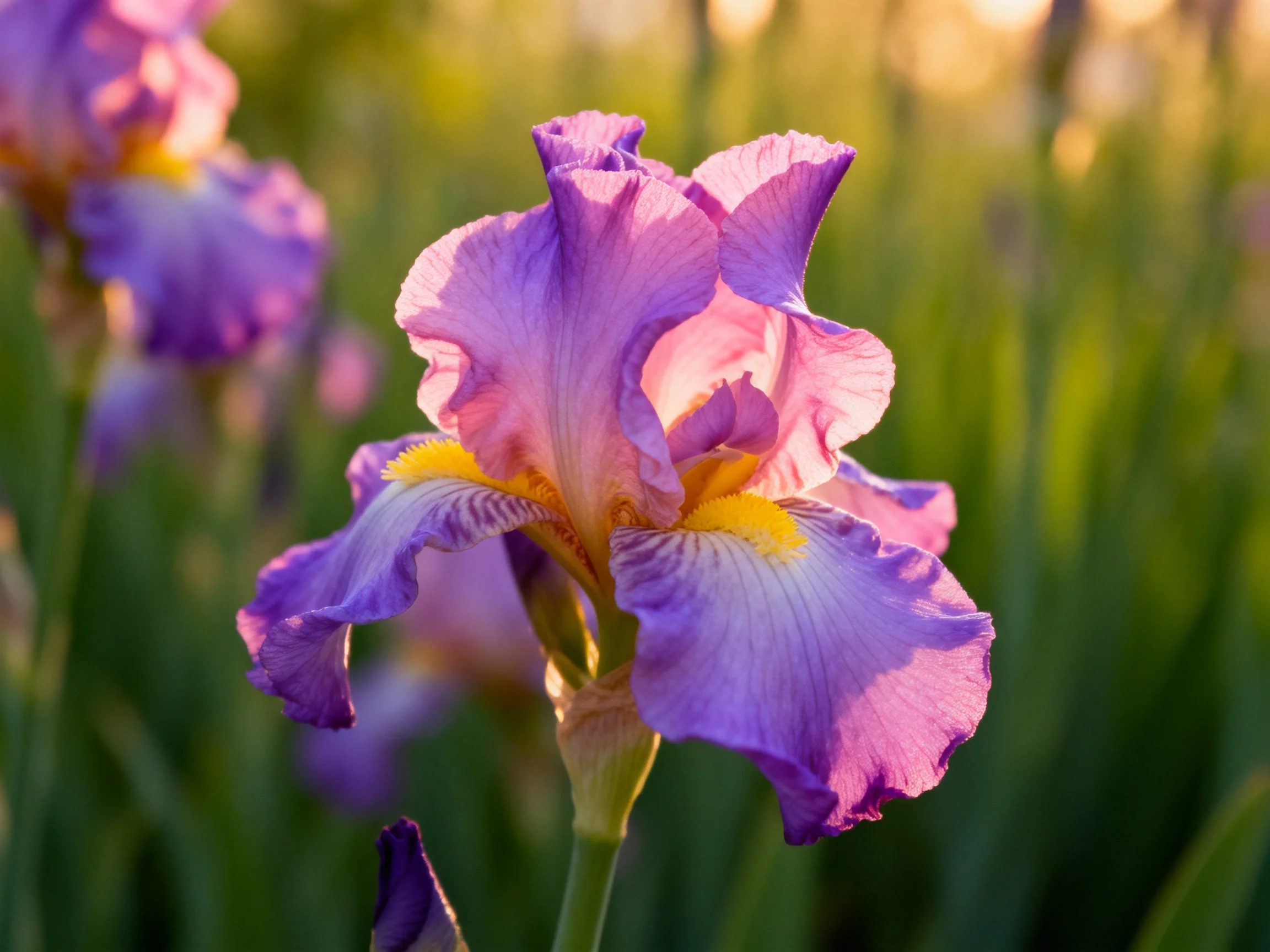 A close - up of a vibrant purple iris flower with yellow centers in a sunlit garden.