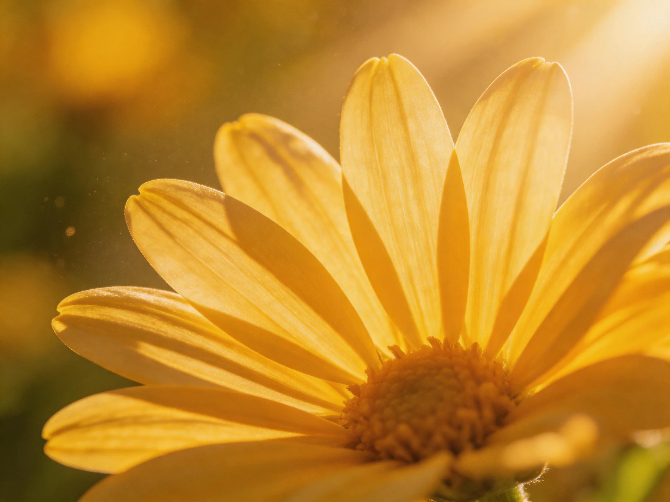 A close-up of a vibrant yellow daisy with golden backlighting