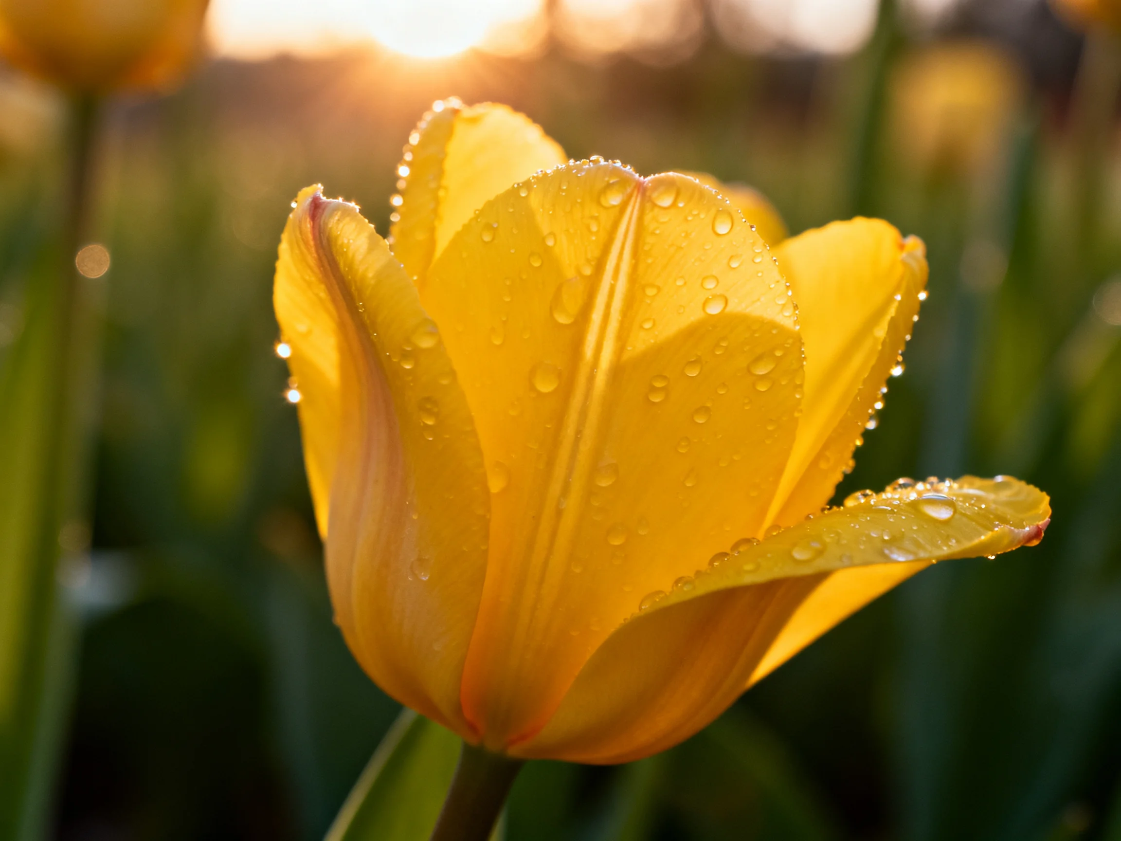 A close - up of a vibrant yellow tulip with dew droplets under golden sunlight