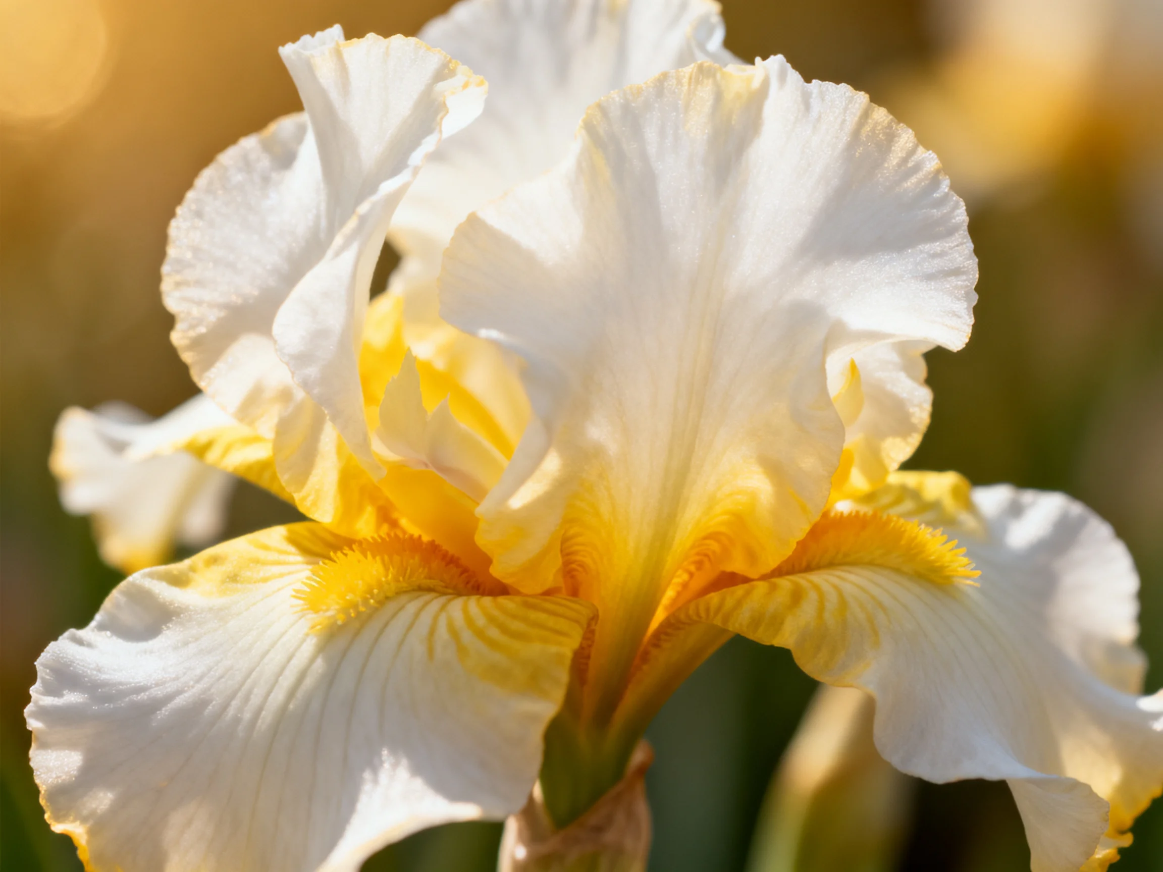 A close - up of a white and yellow iris flower with layered petals