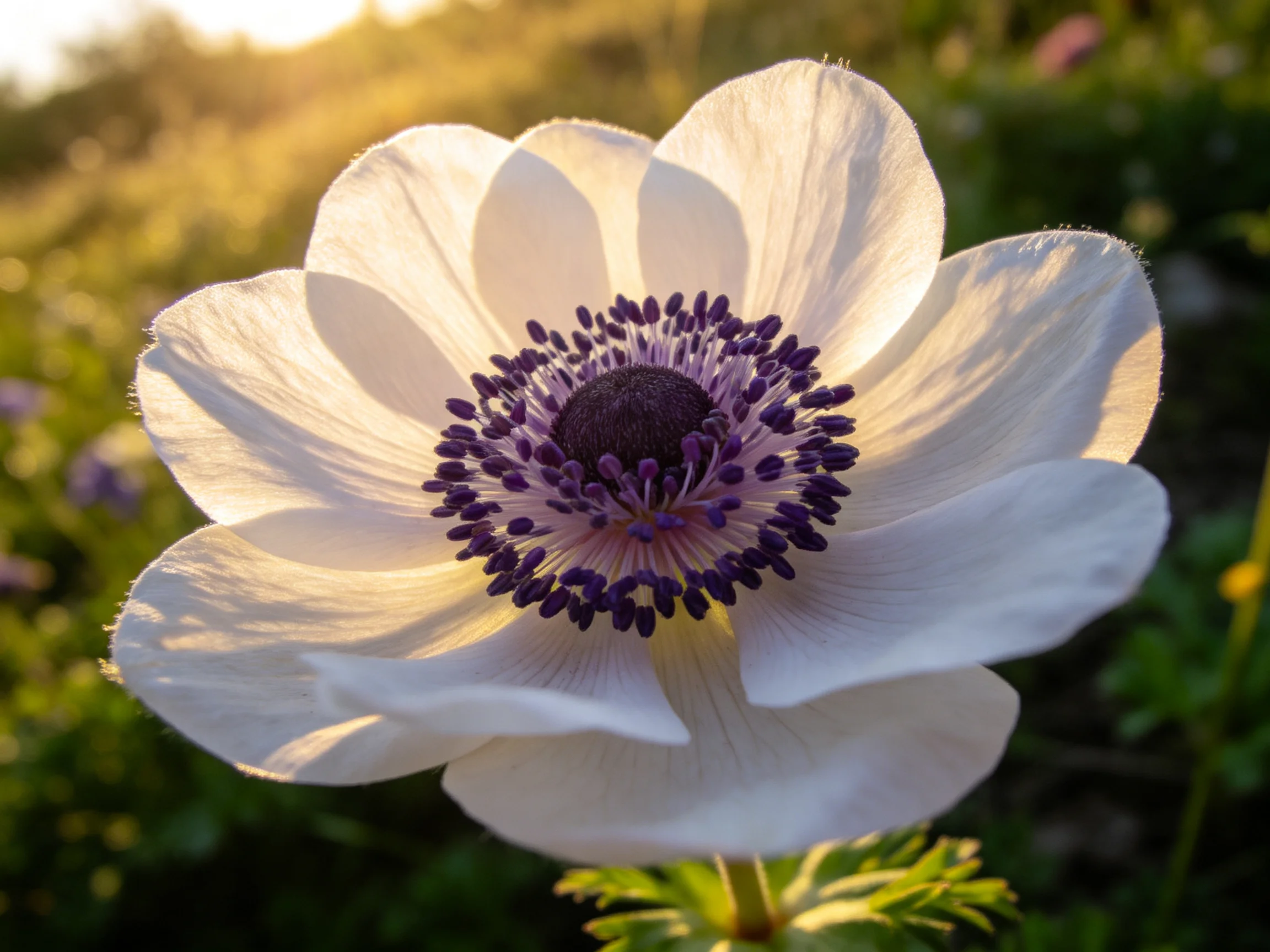 A white anemone with a purple center is shown in natural light.