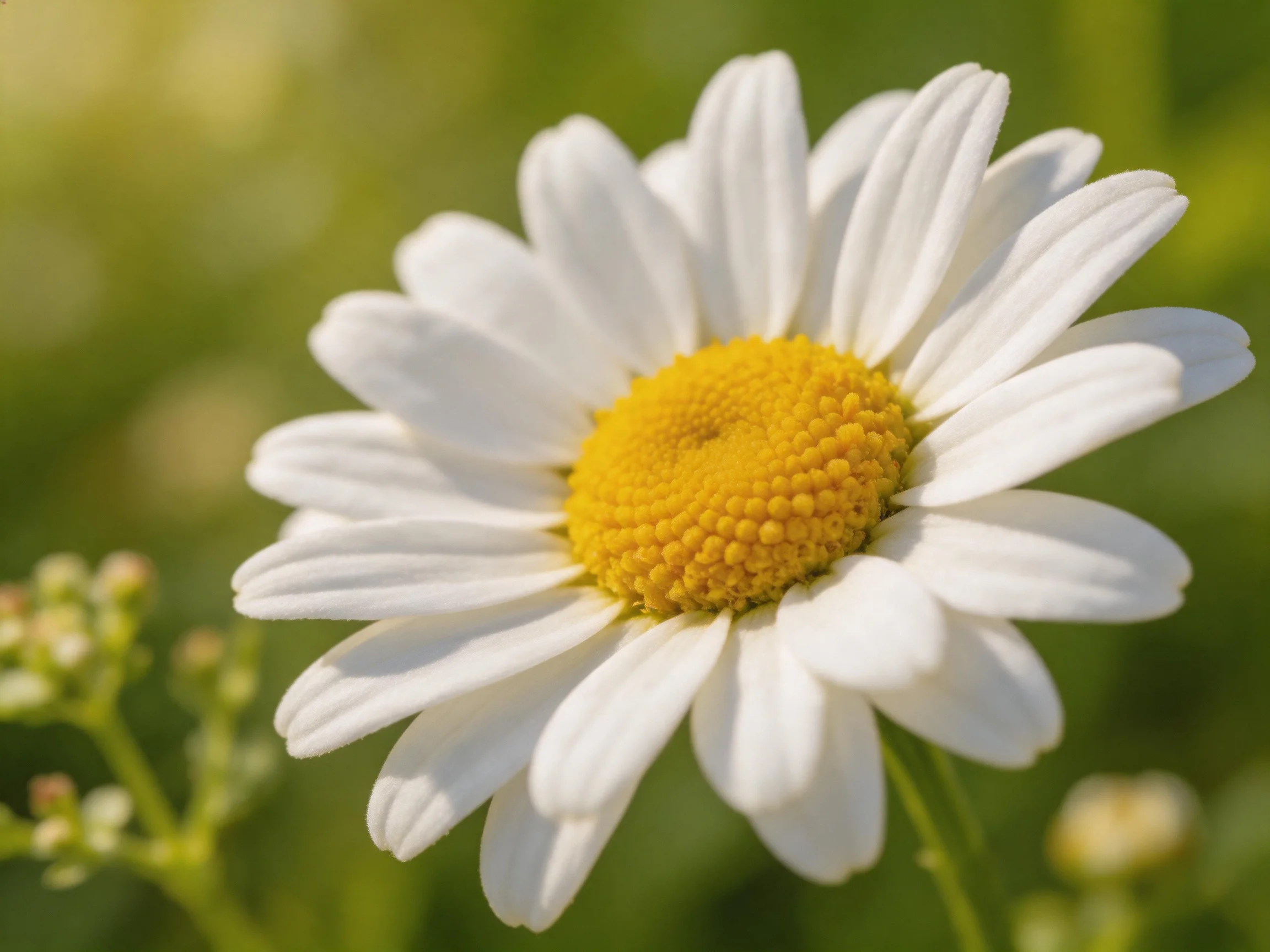 A close - up of a white daisy with a bright yellow center
