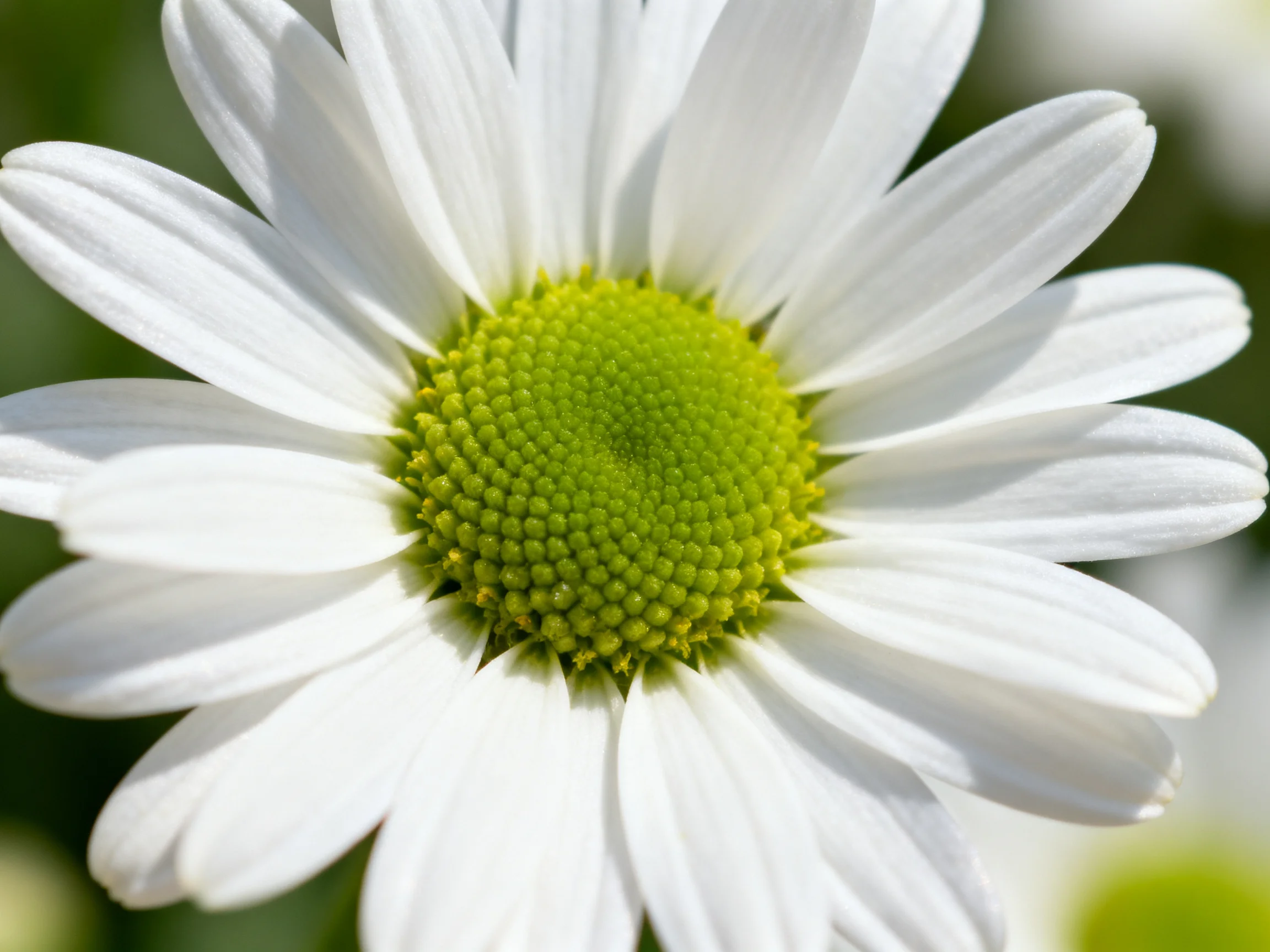 A close - up of a white daisy with a vibrant green central disc