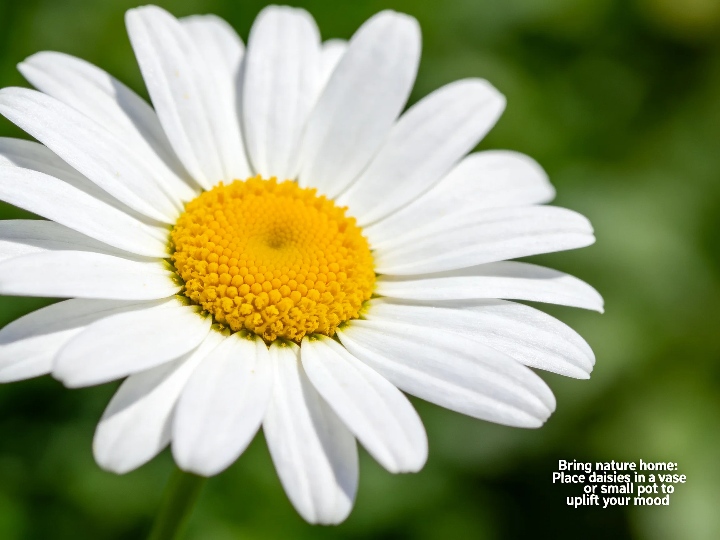 A close-up of a white daisy with a vibrant yellow center