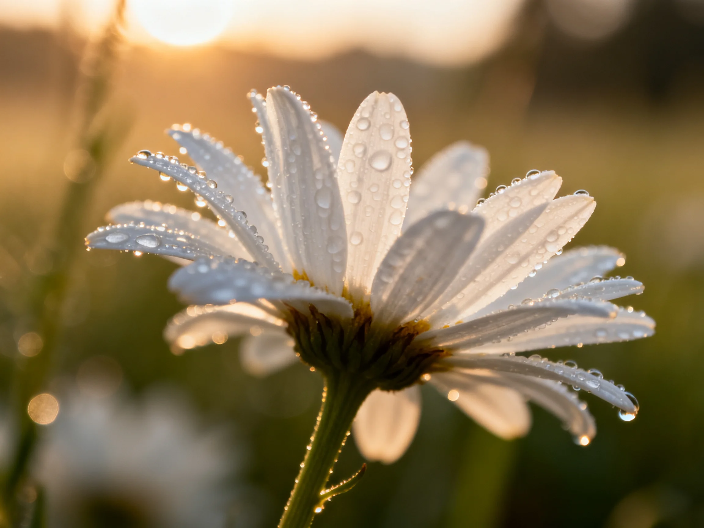 A close - up of a white daisy with dew droplets under golden morning light