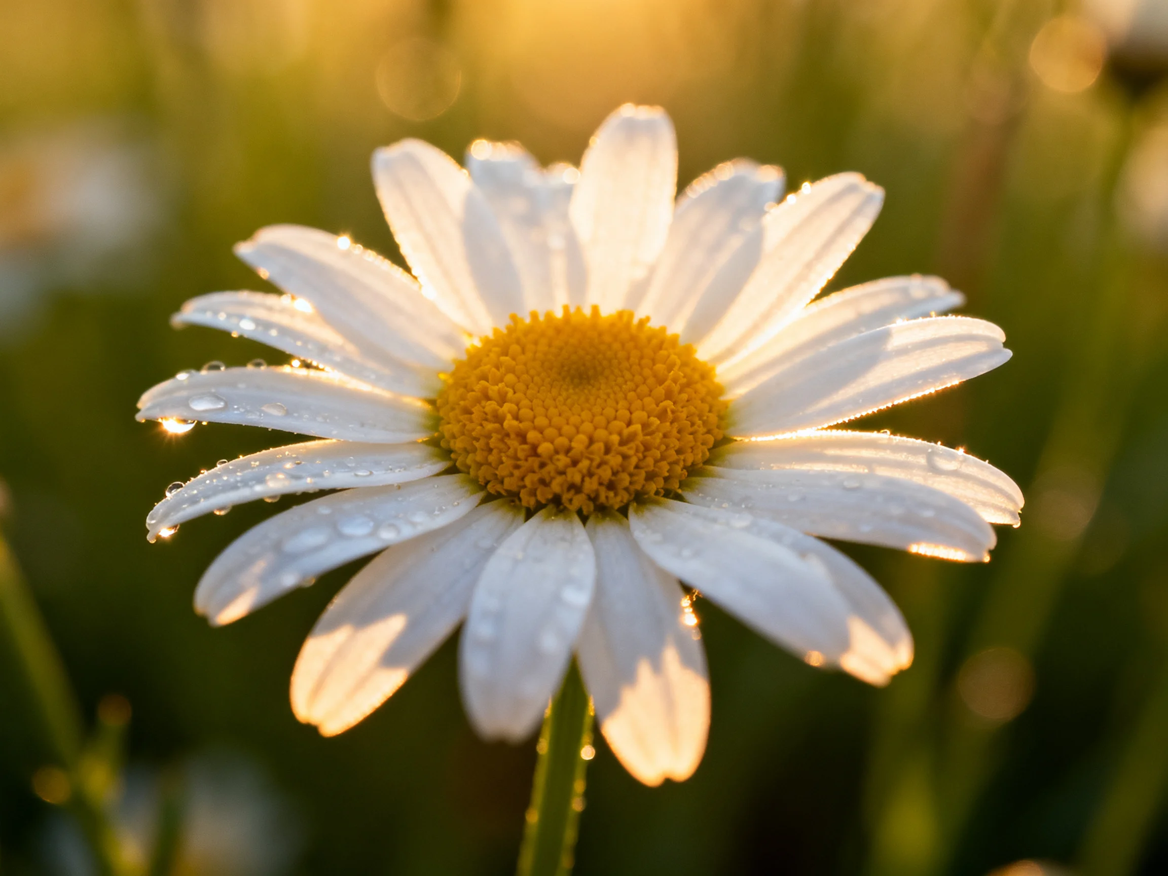 A close - up of a white daisy with dew drops under golden sunlight