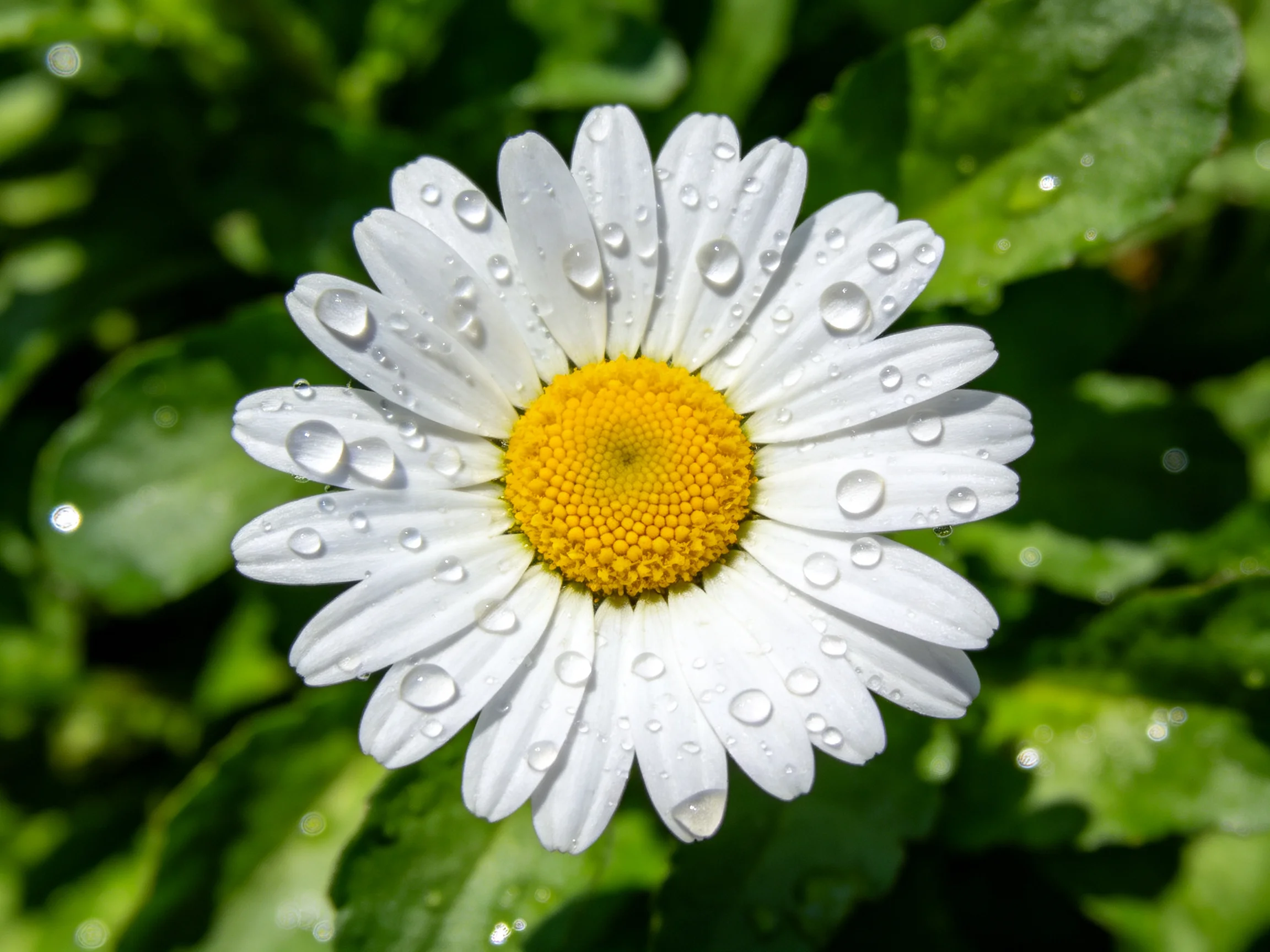 A close - up of a white daisy with numerous water droplets on petals