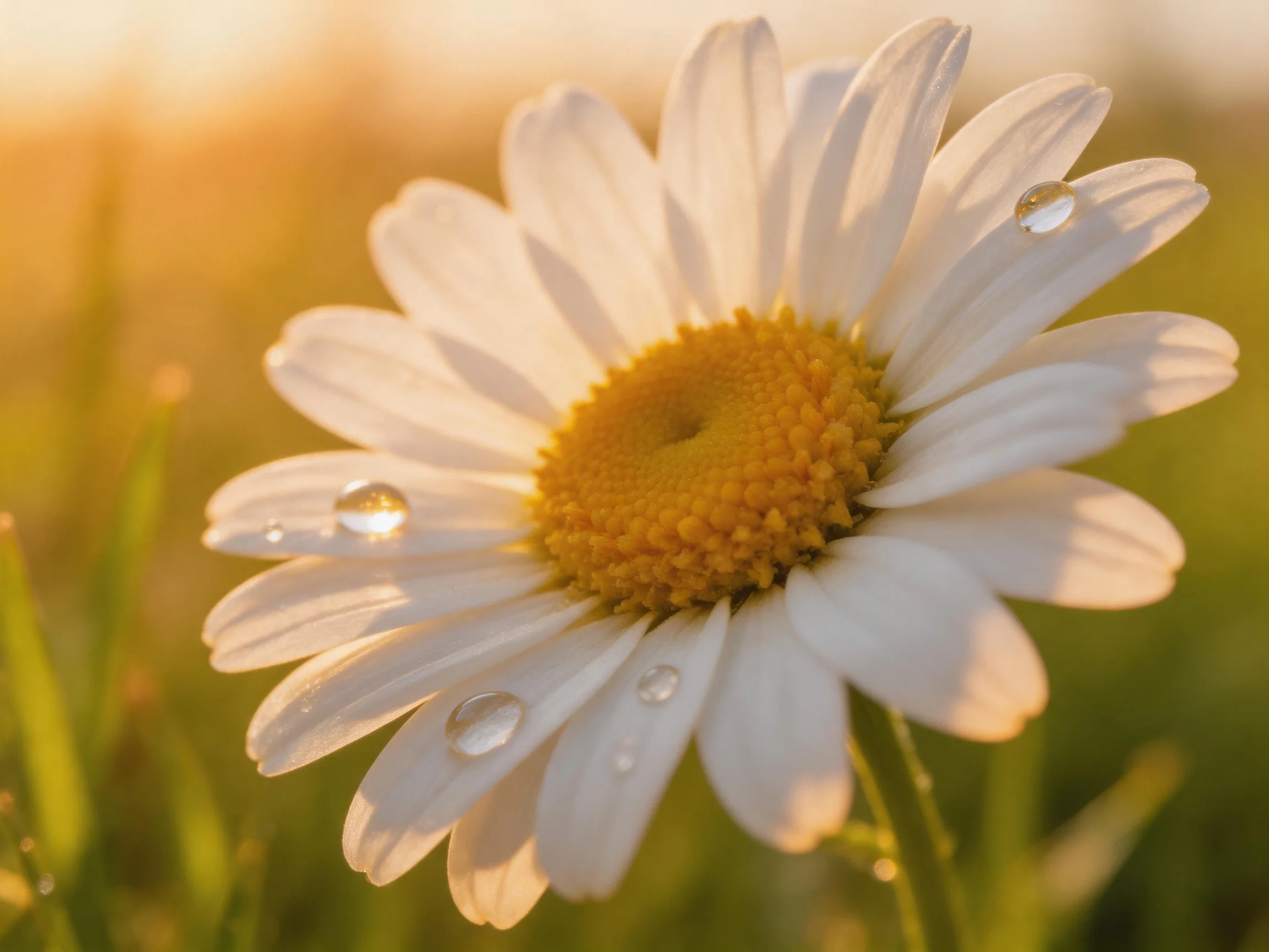 A close - up of a white daisy with water droplets in golden sunlight
