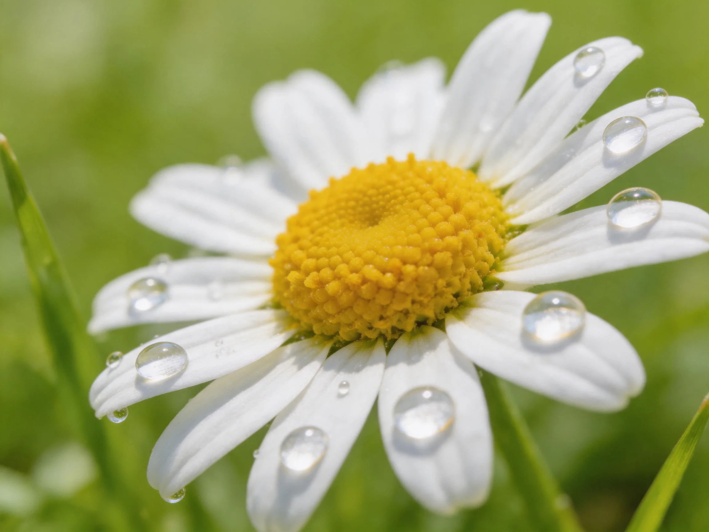 A close - up of a white daisy with yellow center and dew drops