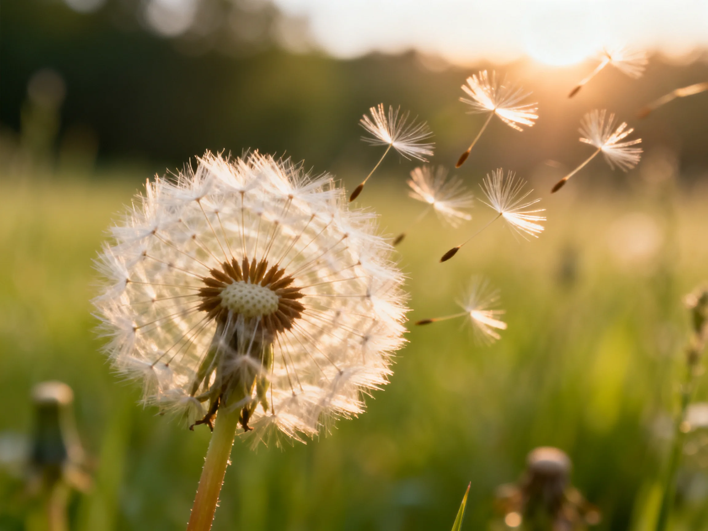 A close - up of a white dandelion releasing seeds in a sunlit meadow