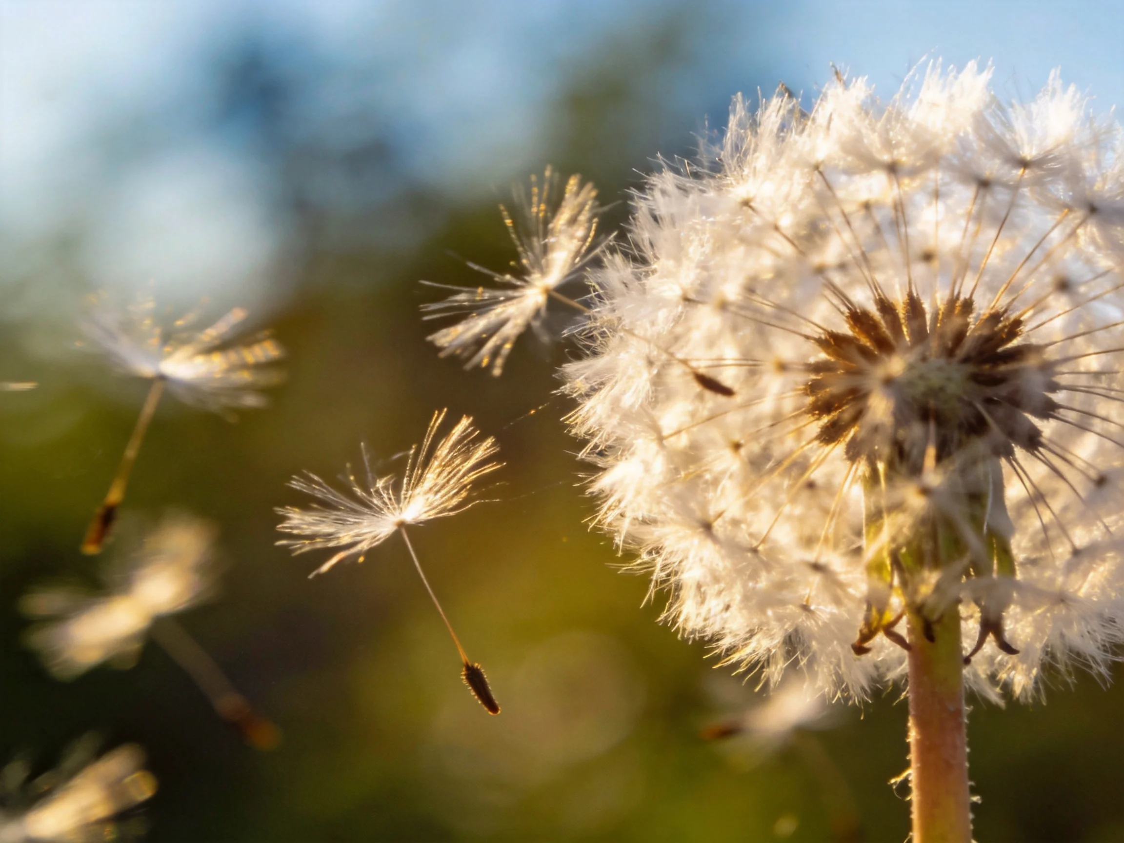A close-up of a white dandelion with floating seed parachutes